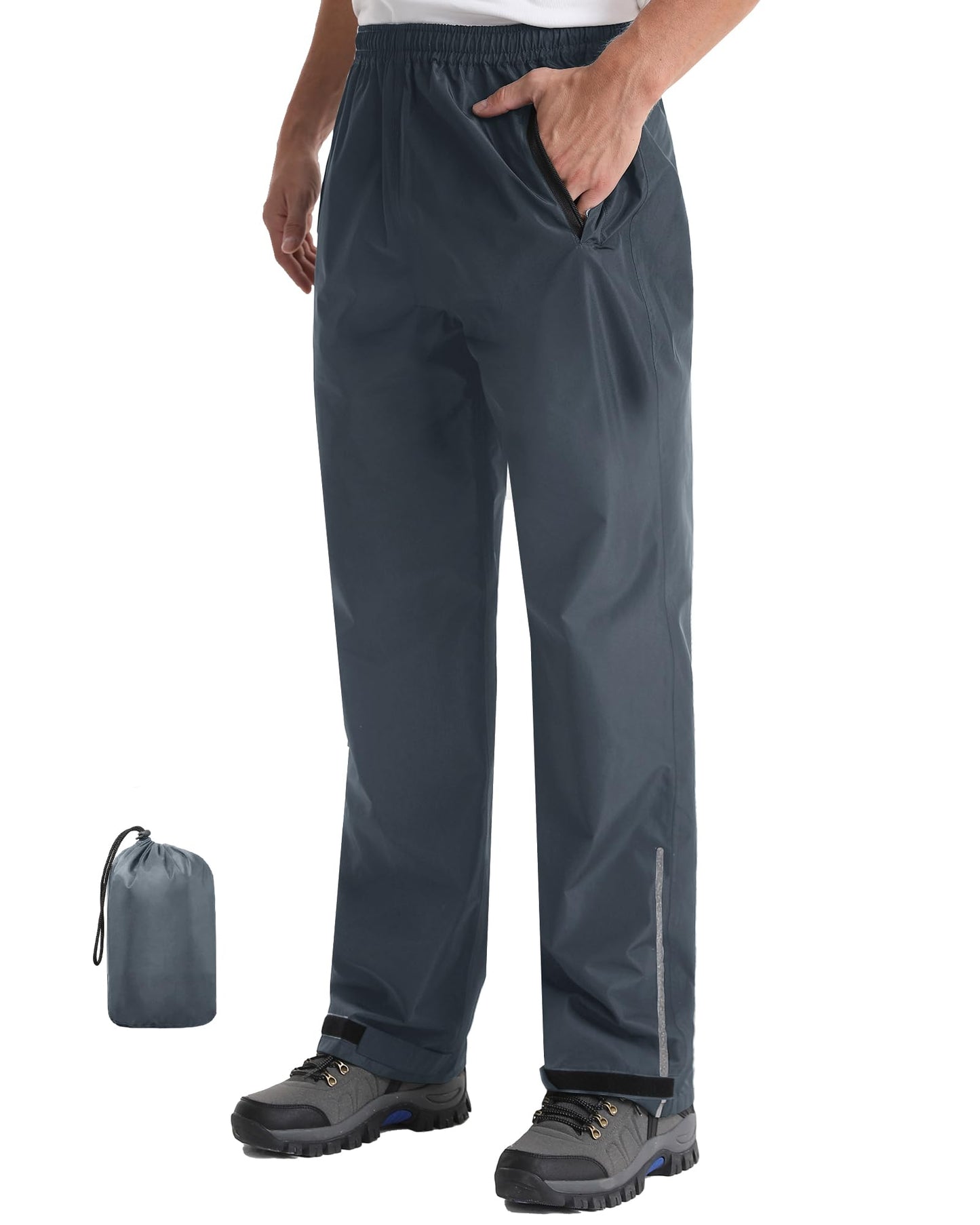 iCreek Men's Rain Pants Packable Waterproof Lightweight Hiking Over Pants | Zipper Pockets, Pants Leg Reflective Strip, Hook & Loop, Storage Pouch, for Hiking, Fishing, Golf, Work, Daily Wear