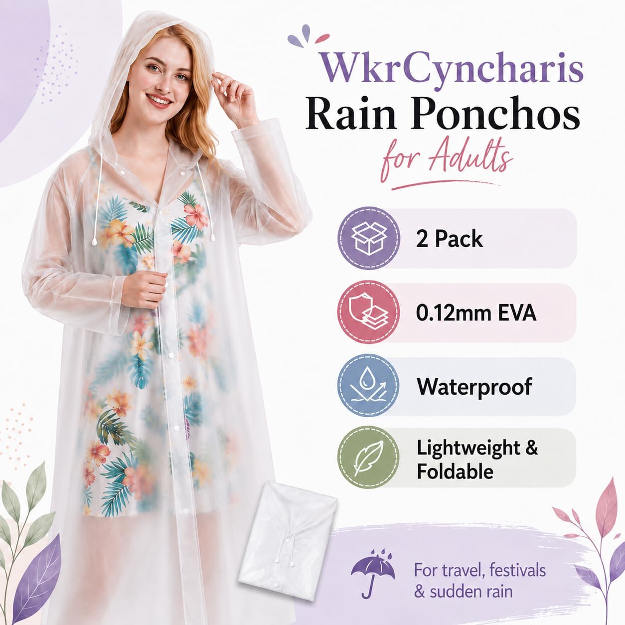 Rain Ponchos for Adults Reusable (2 Pack), Waterproof EVA Raincoats | Raincoats with Hood and Drawstring for Women & Men, Lightweight Emergency Raincoats for Theme Parks and Music Festivals