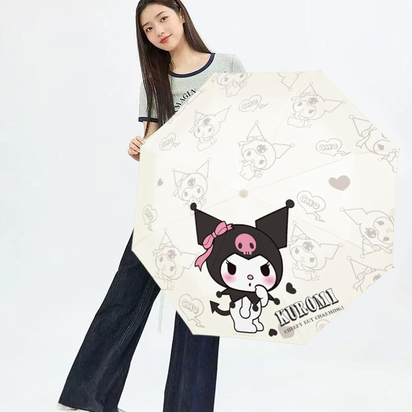 PARTY BUZZ Automatic Windproof Travel Umbrella, Waterproof UV Protection Folding Umbrella, Cartoon Portable Compact Umbrella Easy Auto Open, for Girls and Women