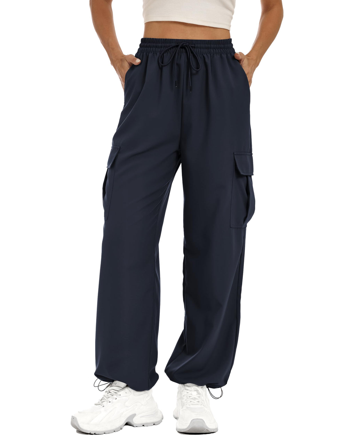 Lzzidou Womens Hiking Pants Water Resistant Parachute Cargo Pants 4 Pockets | Baggy Joggers, Quick Dry, Lightweight, High Waist, Adjustable Cuffs for Camping, Fishing and Outdoor Wear