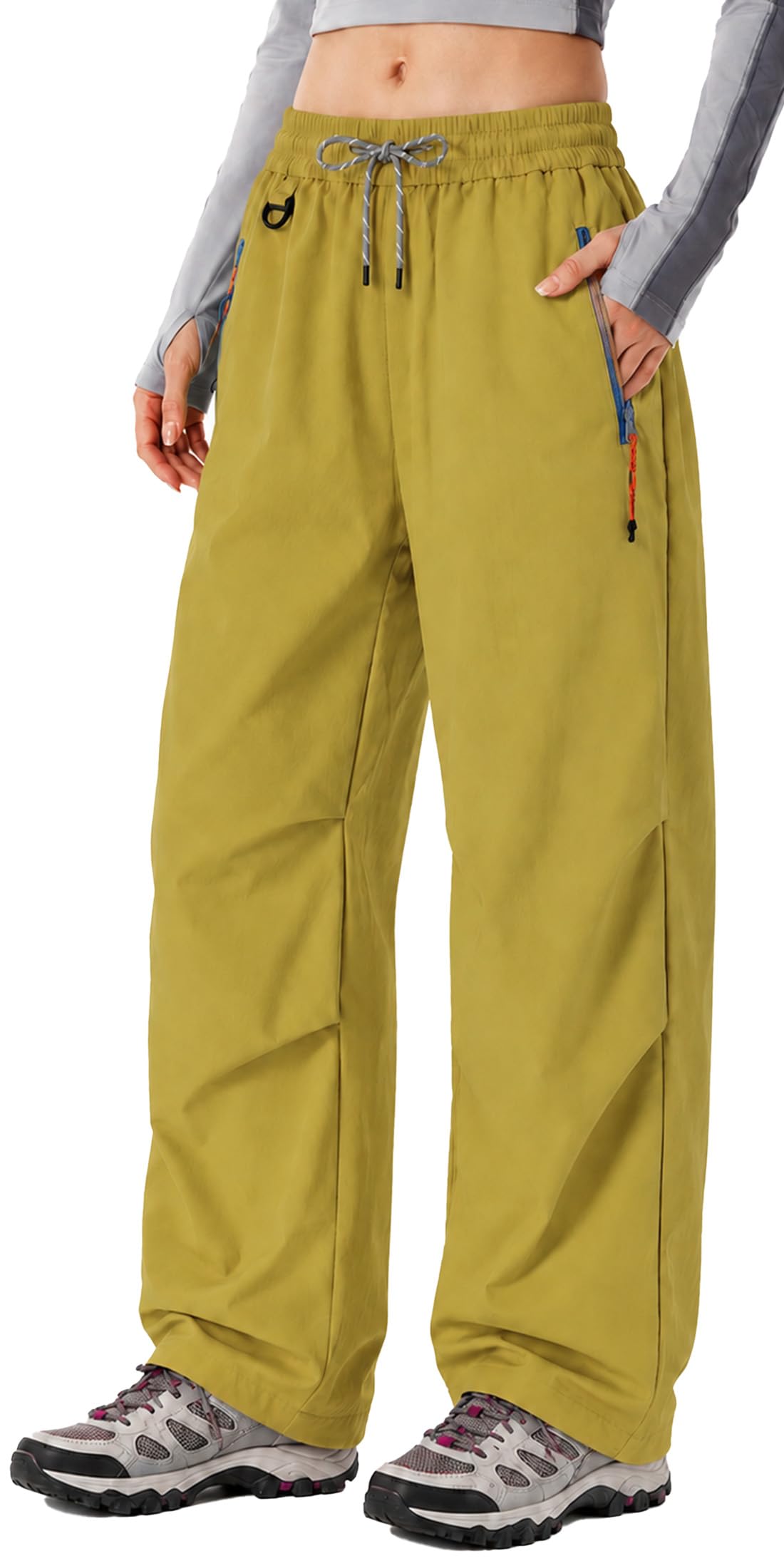 FEOYA Hiking Pants Women Parachute Pants Baggy Quick-Dry Water-Repellent | with Zipper Large Pockets Outdoor Travel Cargo Pants Casual Wear