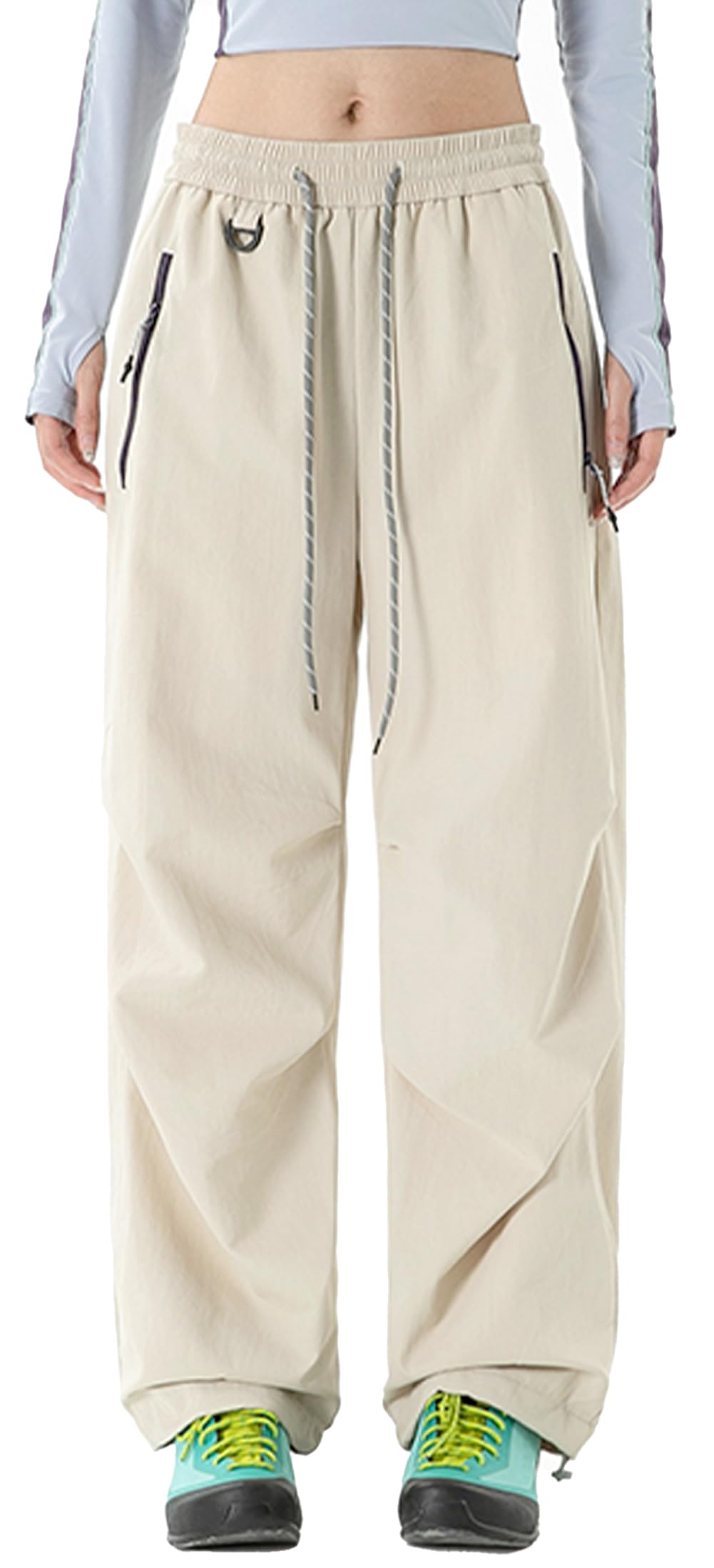 FEOYA Hiking Pants Women Parachute Pants Baggy Quick-Dry Water-Repellent | with Zipper Large Pockets Outdoor Travel Cargo Pants Casual Wear