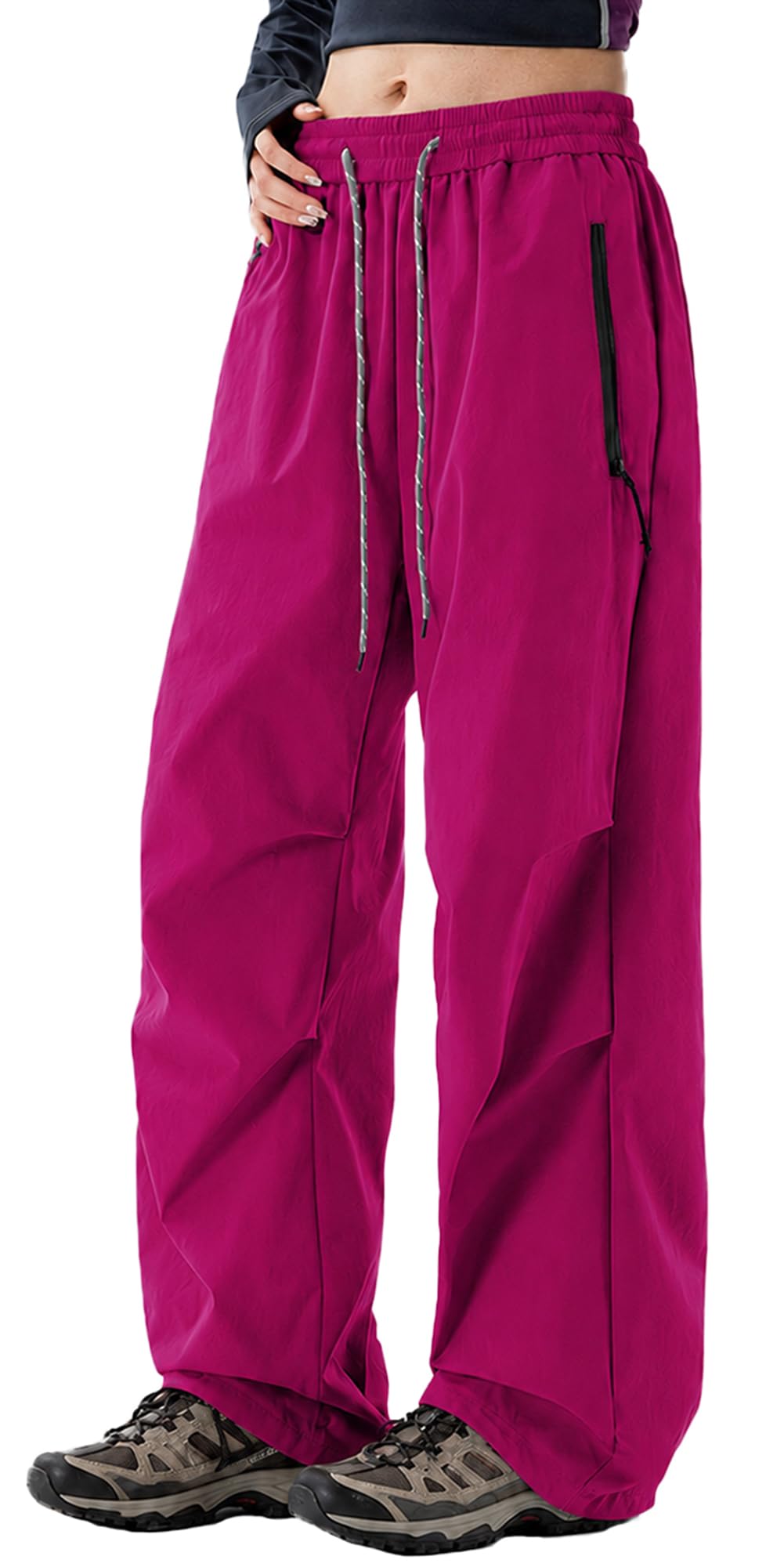 FEOYA Hiking Pants Women Parachute Pants Baggy Quick-Dry Water-Repellent | with Zipper Large Pockets Outdoor Travel Cargo Pants Casual Wear