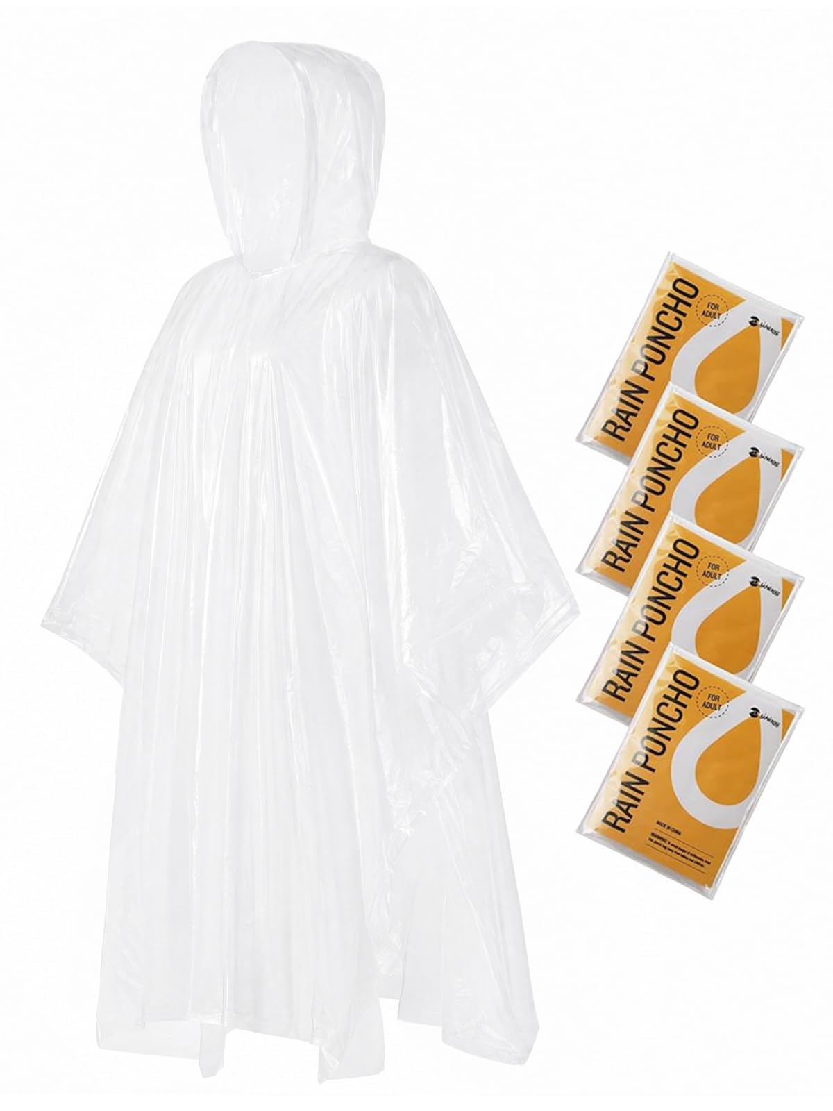 SaphiRose Disposable Adult Rain Ponchos 4 Pack Clear Emergency Raincoat | Value Pack, 100% Waterproof PE, One Size Fits Most Adults, Compact Individual Pouch, for Travel Theme Parks Emergency Kits
