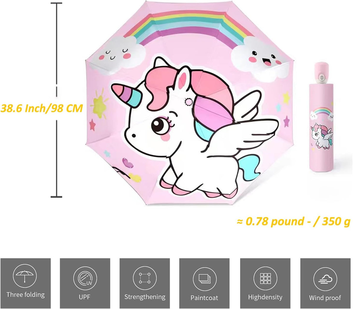 Hannstar Automatic Kids Umbrella, Folding Telescopic Toddler Umbrella for girls & boys, UV/Sun Protection - Strong and Portable - Compact, Durable, Lightweight Cute Kitty Brolly
