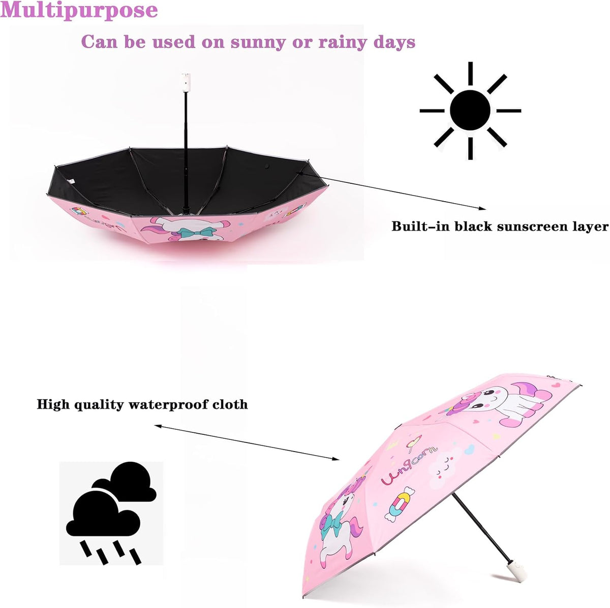 Afkengung Kids Automatic Folding Umbrella Digital Cartoon Printing UV Resistant Anti-rebound Design Safer Umbrella Compact Windproof for Kids Girls #2