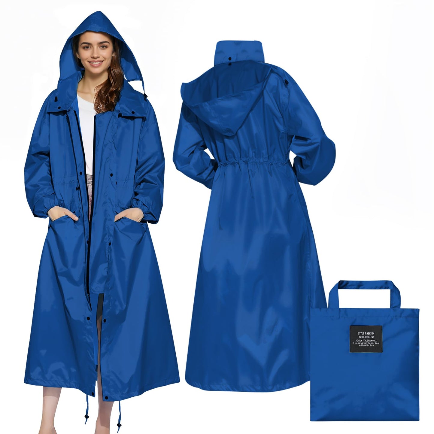 LAMA Womens Long Raincoats Rain Jacket Waterproof Packable Hooded Windbreaker Lightweight Adjustable Waist for Outdoor