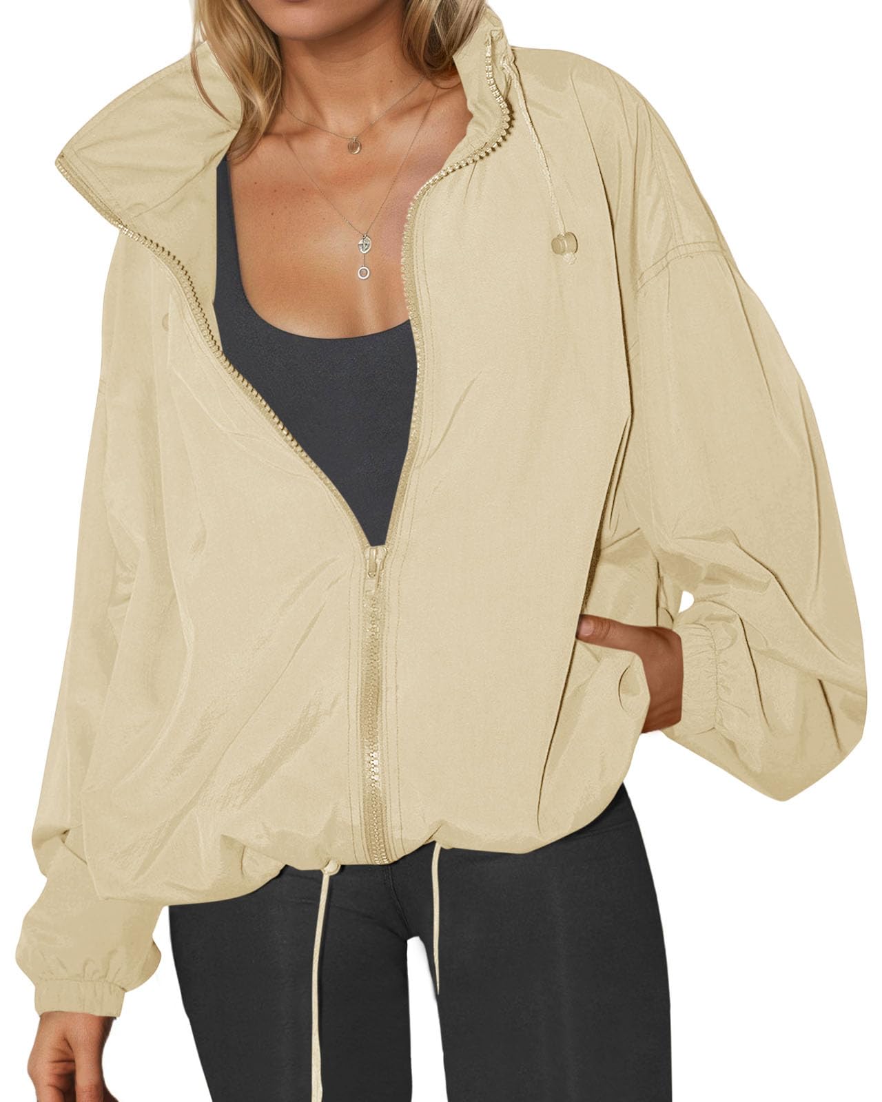 Womens Waterproof Rain Jackets Lightweight Zip Up Raincoat Outdoor Hiking Hooded Windbreaker with Pocket