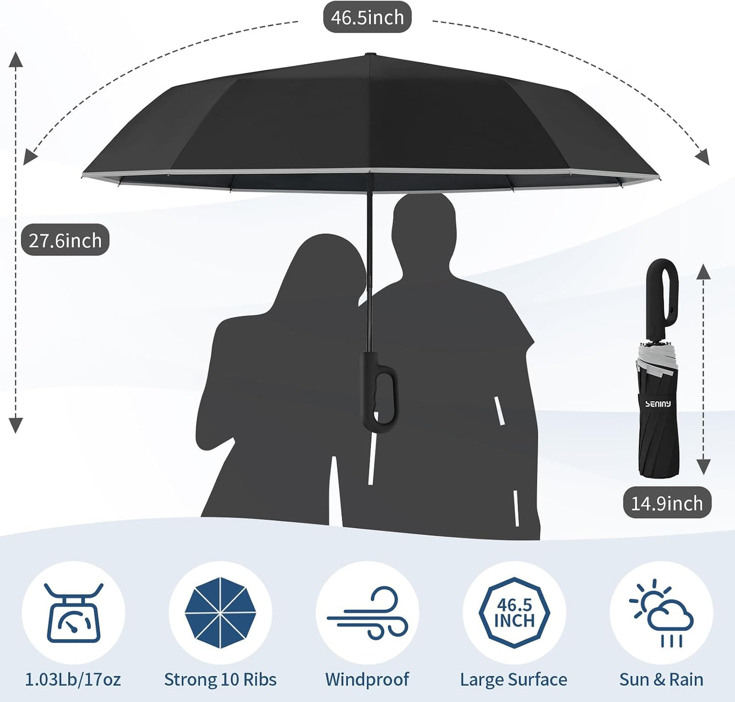 Seniny Travel Umbrella with UV Sun Protection, Large Rain Umbrellas, Black | One-Touch Automatic Umbrella with Carabiner Handle & Reflective Strip, Portable Compact Umbrella for Car Backpack