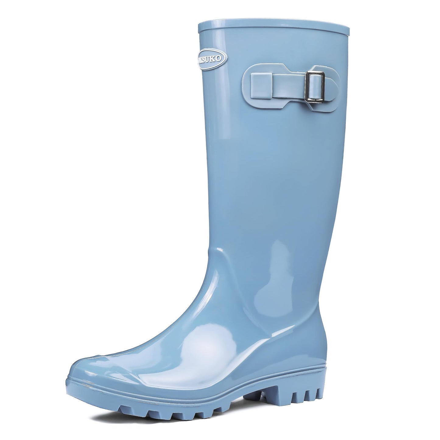 Women's Tall Waterproof Rain Boots Rubber Garden Boots with Buckle | Deep-lug non-slip outsole, breathable polyester lining, removable insole — for gardening, farm chores, rainy dog walks