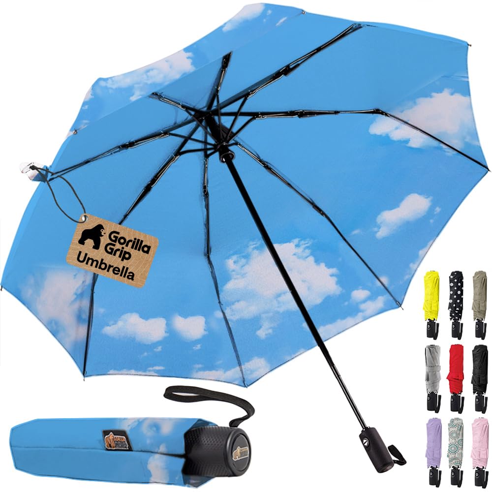GORILLA GRIP Compact Travel Size Umbrella for Rain, Sleek Design Fits Backpack, Purse and Carry On, Lightweight Under 1lb, One Click Open and Close, Wind Resistant, Durable Waterproof, Cats Dogs