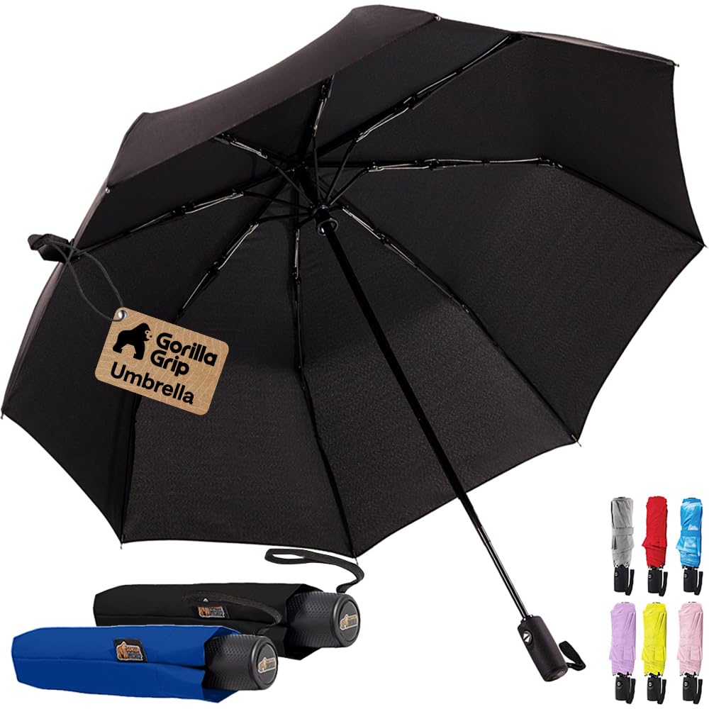 GORILLA GRIP Compact Travel Size Umbrella for Rain, Sleek Design Fits Backpack, Purse and Carry On, Lightweight Under 1lb, One Click Open and Close, Wind Resistant, Durable Waterproof, Cats Dogs
