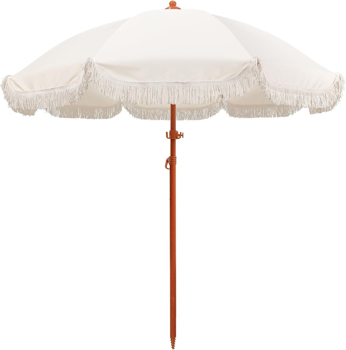 Jihfmo 7.3ft Cream/White Boho Fringe Beach Umbrella, 8mm Ribs, Sand Anchor | UPF 50+ 160G Polyester, Zinc Alloy Tilt 30°, Windproof Cotton Fringe — Perfect for Beach, Patio, Garden & Outdoor Weddings