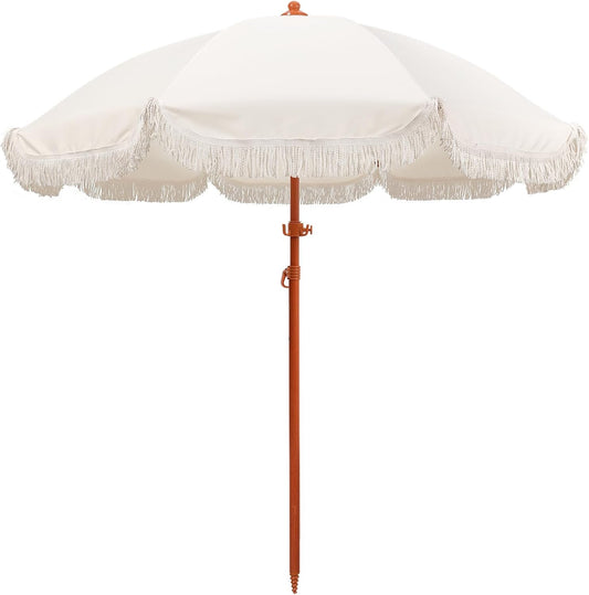 Jihfmo 7.3ft Cream/White Boho Fringe Beach Umbrella, 8mm Ribs, Sand Anchor | UPF 50+ 160G Polyester, Zinc Alloy Tilt 30°, Windproof Cotton Fringe — Perfect for Beach, Patio, Garden & Outdoor Weddings