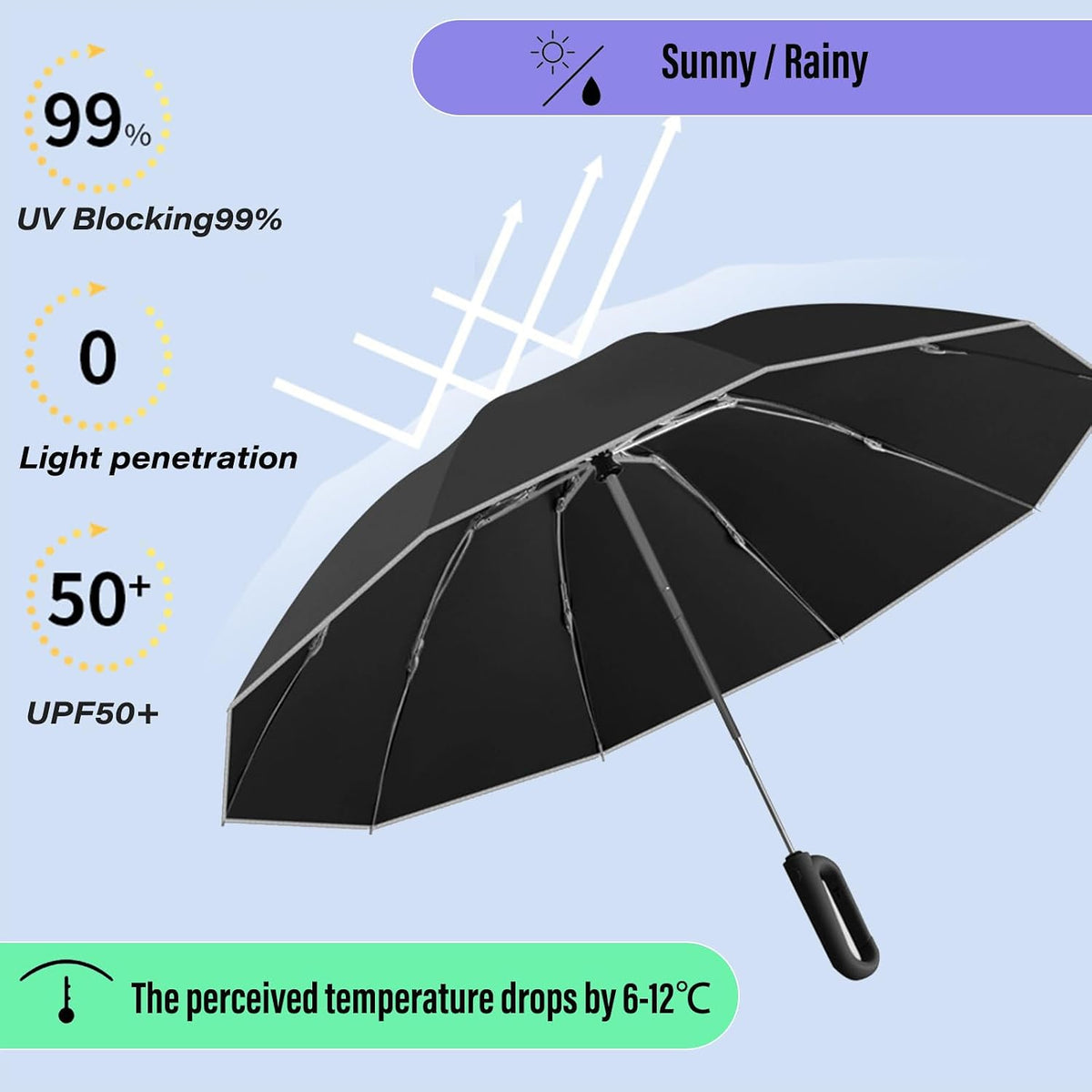 Ring Buckle Fully Automatic Umbrella, Reflective Safety Strip, Sturdy Windproof, Reverse Automatic, Travel Portable, Compact Folding (Blue)