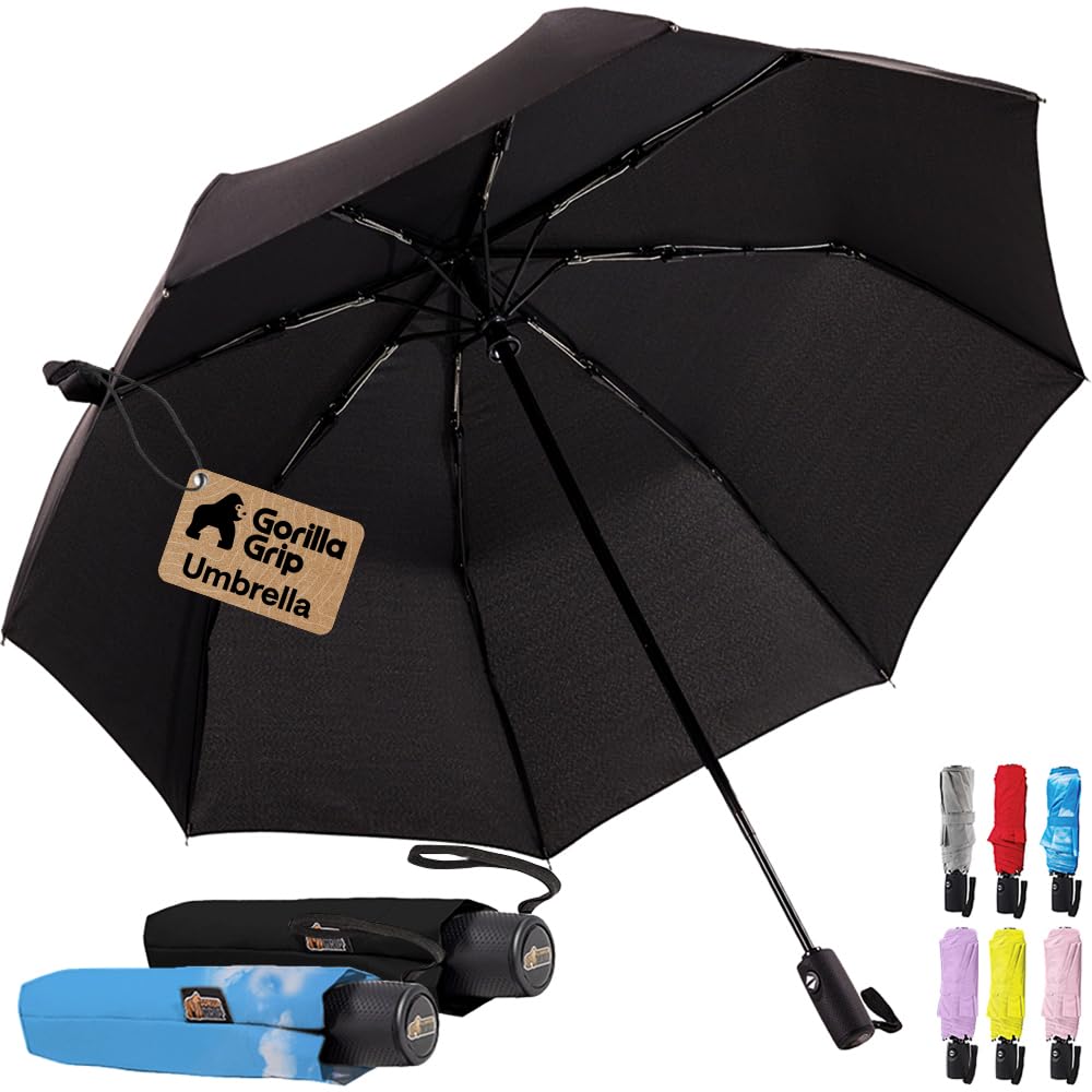 GORILLA GRIP Compact Travel Size Umbrella for Rain, Sleek Design Fits Backpack, Purse and Carry On, Lightweight Under 1lb, One Click Open and Close, Wind Resistant, Durable Waterproof, Cats Dogs