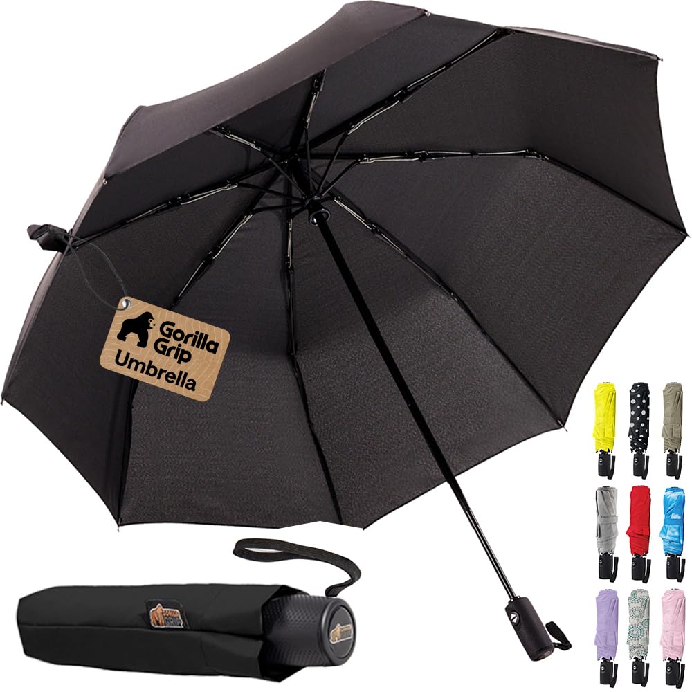 GORILLA GRIP Compact Travel Size Umbrella for Rain, Sleek Design Fits Backpack, Purse and Carry On, Lightweight Under 1lb, One Click Open and Close, Wind Resistant, Durable Waterproof, Cats Dogs