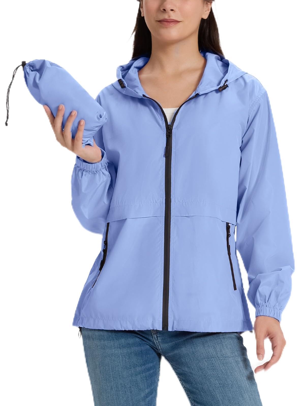 SaphiRose Lightweight Rain Jacket Women Waterproof Raincoat Packable | raincoat, rain coat, windbreaker, zip pockets, drawstring hem, hiking, camping, travel, ultra-portable