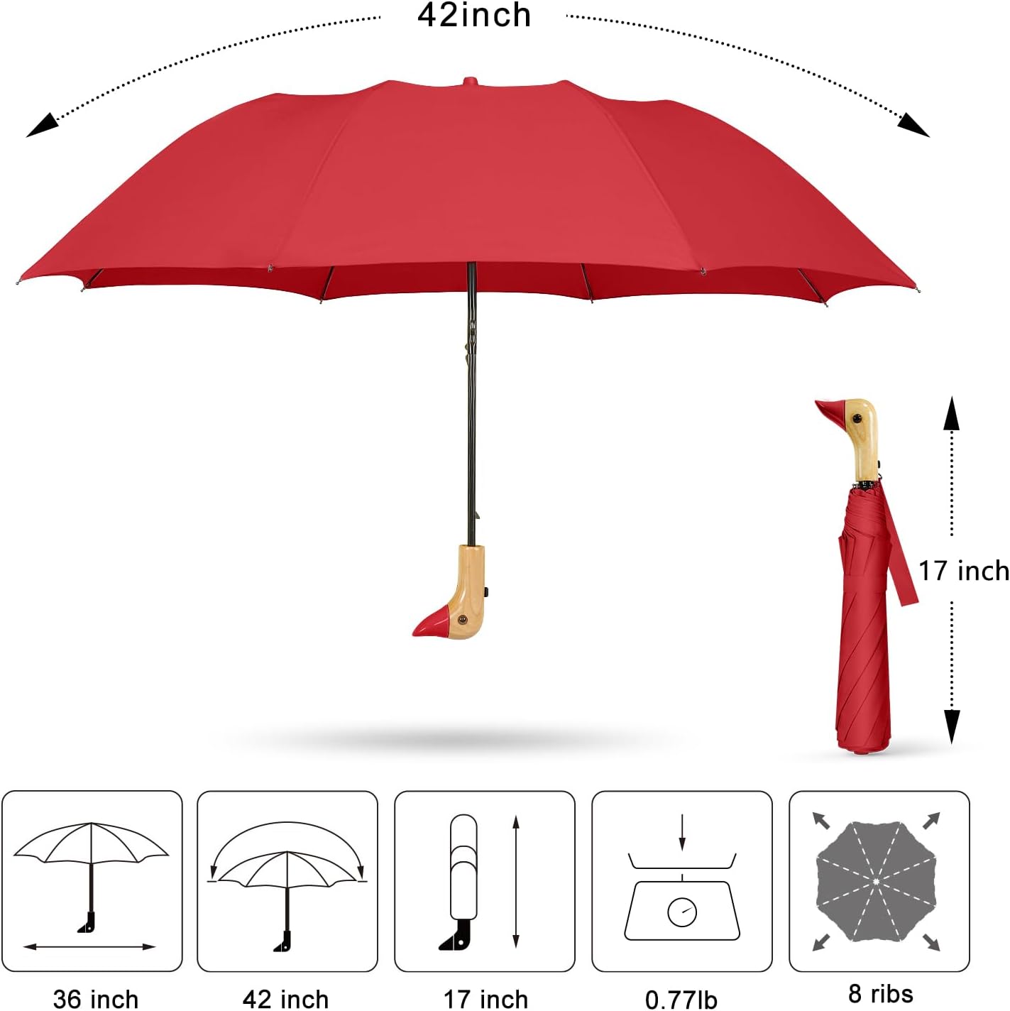 Duck Umbrella Travel Size Cute Compact Portable Waterproof for Kids Gifts | Cute duck beak handle for women/kids/commute/travel & gifts. 42 inch arc, 17 inch fold.