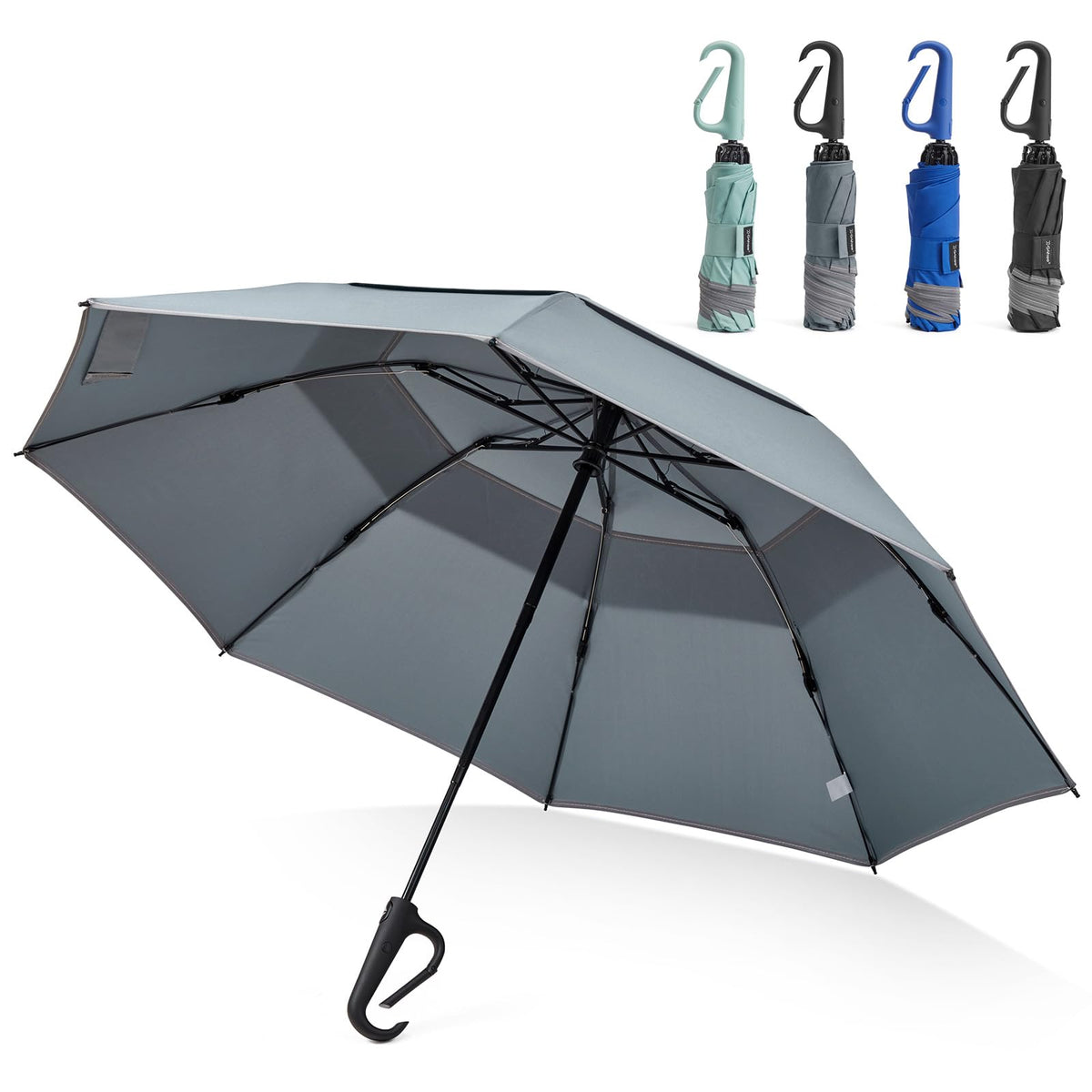 G4Free 46inch Ring Buckle Umbrella, Inverted Design with Carabiner Handle | Compact Travel Umbrella with Reflective Strip, Automatic Windproof for Rain