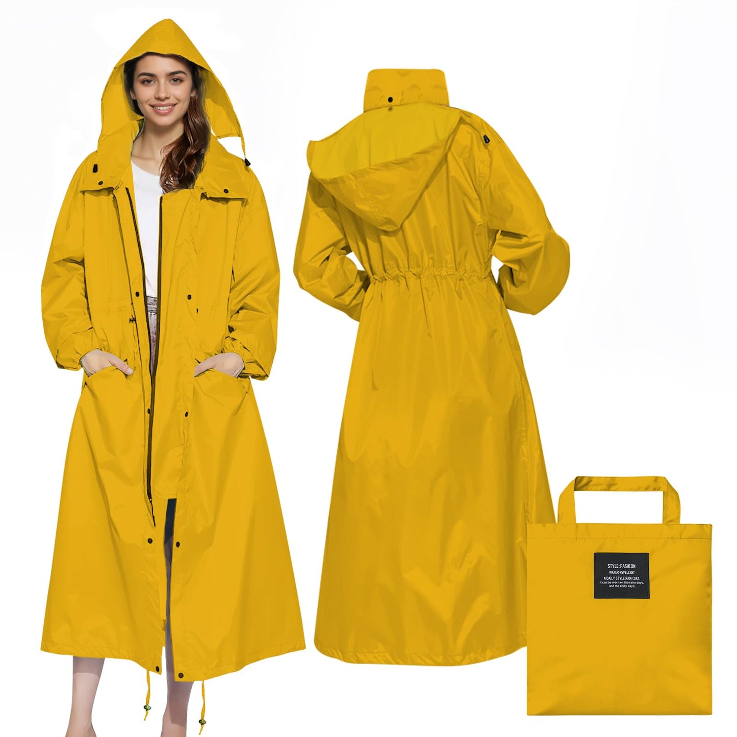 LAMA Womens Long Raincoats Rain Jacket Waterproof Packable Hooded Windbreaker Lightweight Adjustable Waist for Outdoor
