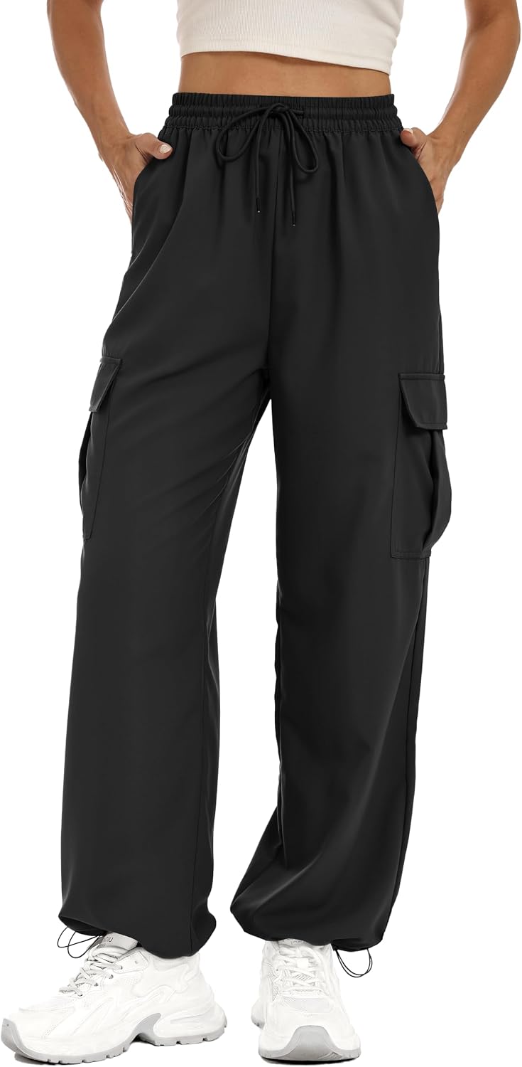 Lzzidou Womens Hiking Pants Water Resistant Parachute Cargo Pants 4 Pockets | Baggy Joggers, Quick Dry, Lightweight, High Waist, Adjustable Cuffs for Camping, Fishing and Outdoor Wear