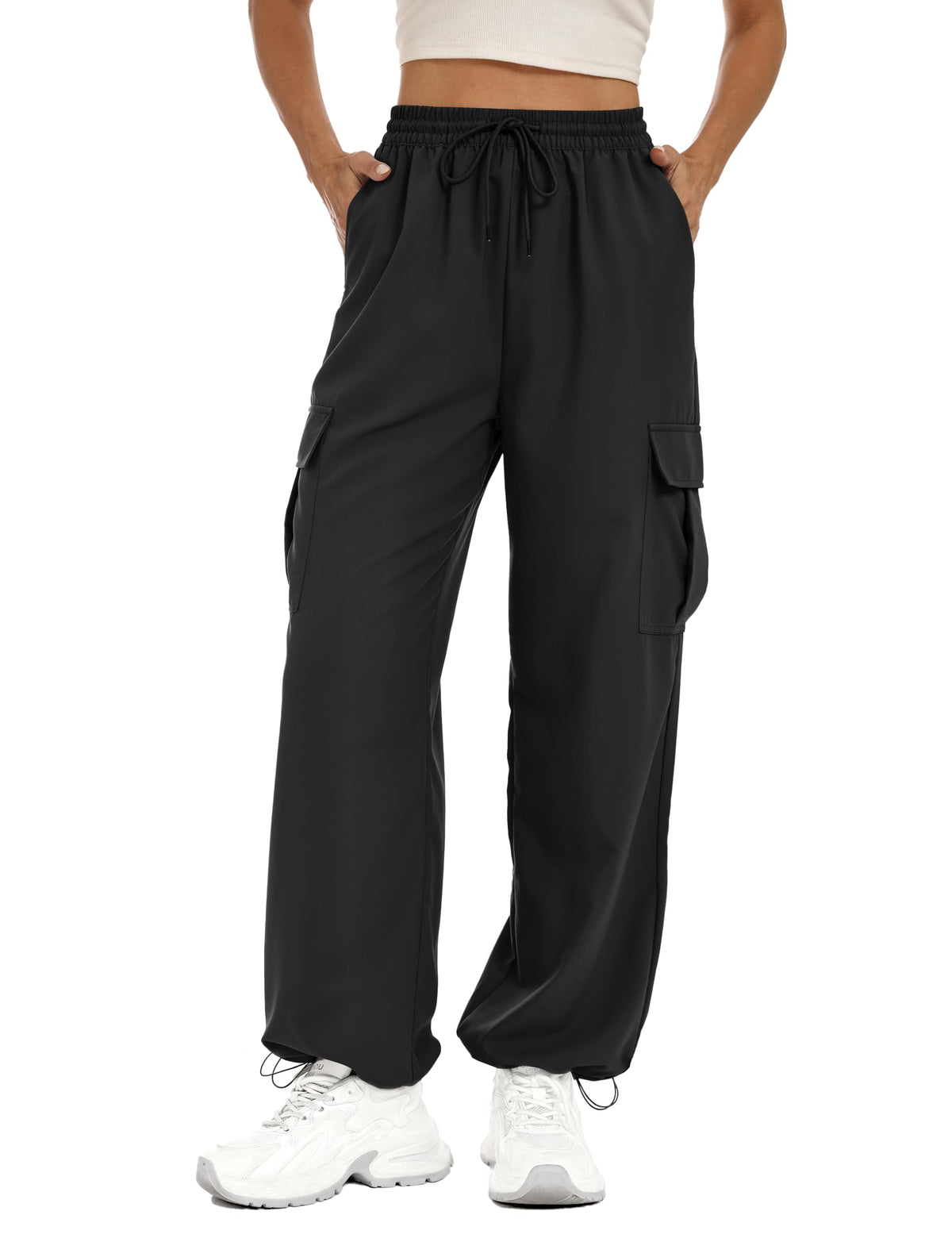 Lzzidou Womens Hiking Pants Water Resistant Parachute Cargo Pants 4 Pockets | Baggy Joggers, Quick Dry, Lightweight, High Waist, Adjustable Cuffs for Camping, Fishing and Outdoor Wear