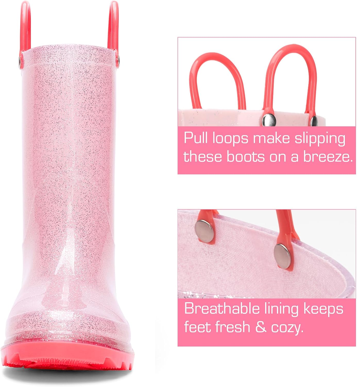 DREAM PAIRS Kids Glitter Rain Boots | Waterproof,Easy-on handles,Lightweight,Non-Slip sole,Rain puddle outdoor play,Girls Boys Toddler