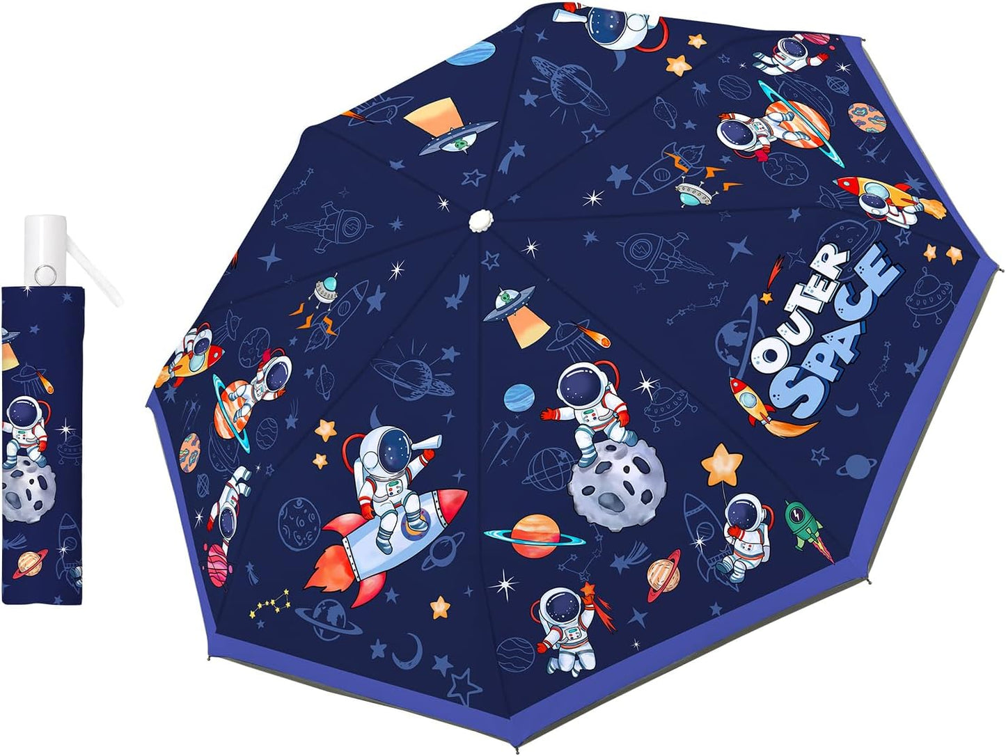 Kids Folding Umbrella Auto Open/Close Anti-rebound Safe Design UV Resistant Automatic Children Travel Umbrellas 8 Rib Reinforced Canopy 360° Reflective Strip Lightweight Cute Umbrella for Girls & Boys