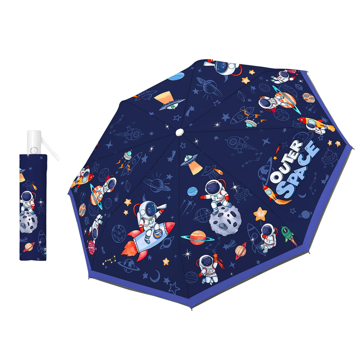 Kids Folding Umbrella Auto Open/Close Anti-rebound Safe Design UV Resistant Automatic Children Travel Umbrellas 8 Rib Reinforced Canopy 360° Reflective Strip Lightweight Cute Umbrella for Girls & Boys