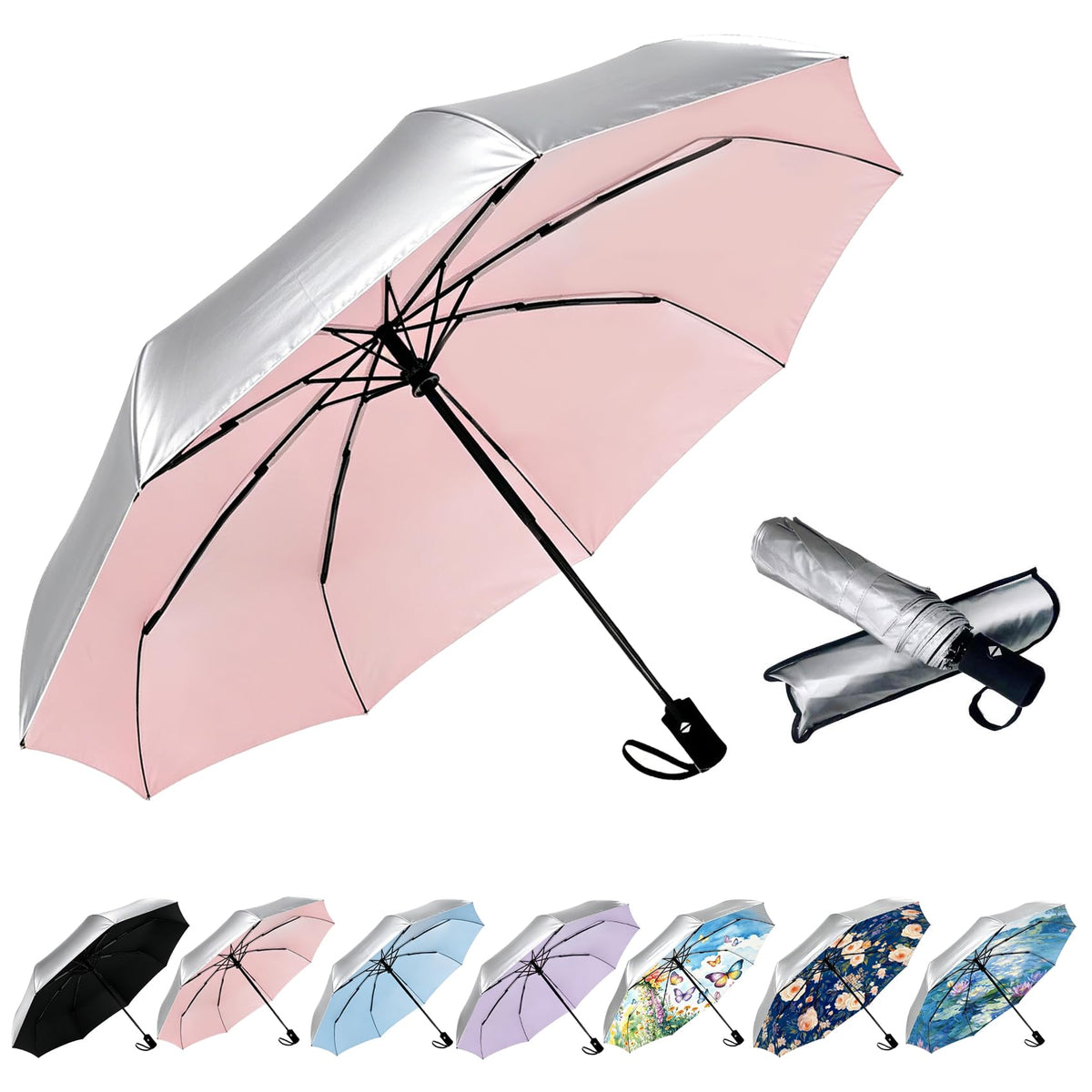 Compact Travel Umbrella - Windproof Auto Open/Close, Small Folding Umbrella for Rain & Sun with UPF50+ - Lightweight Frame, Waterproof - Fits Backpack, Purse, Suitcase.(Garden Butterfly)