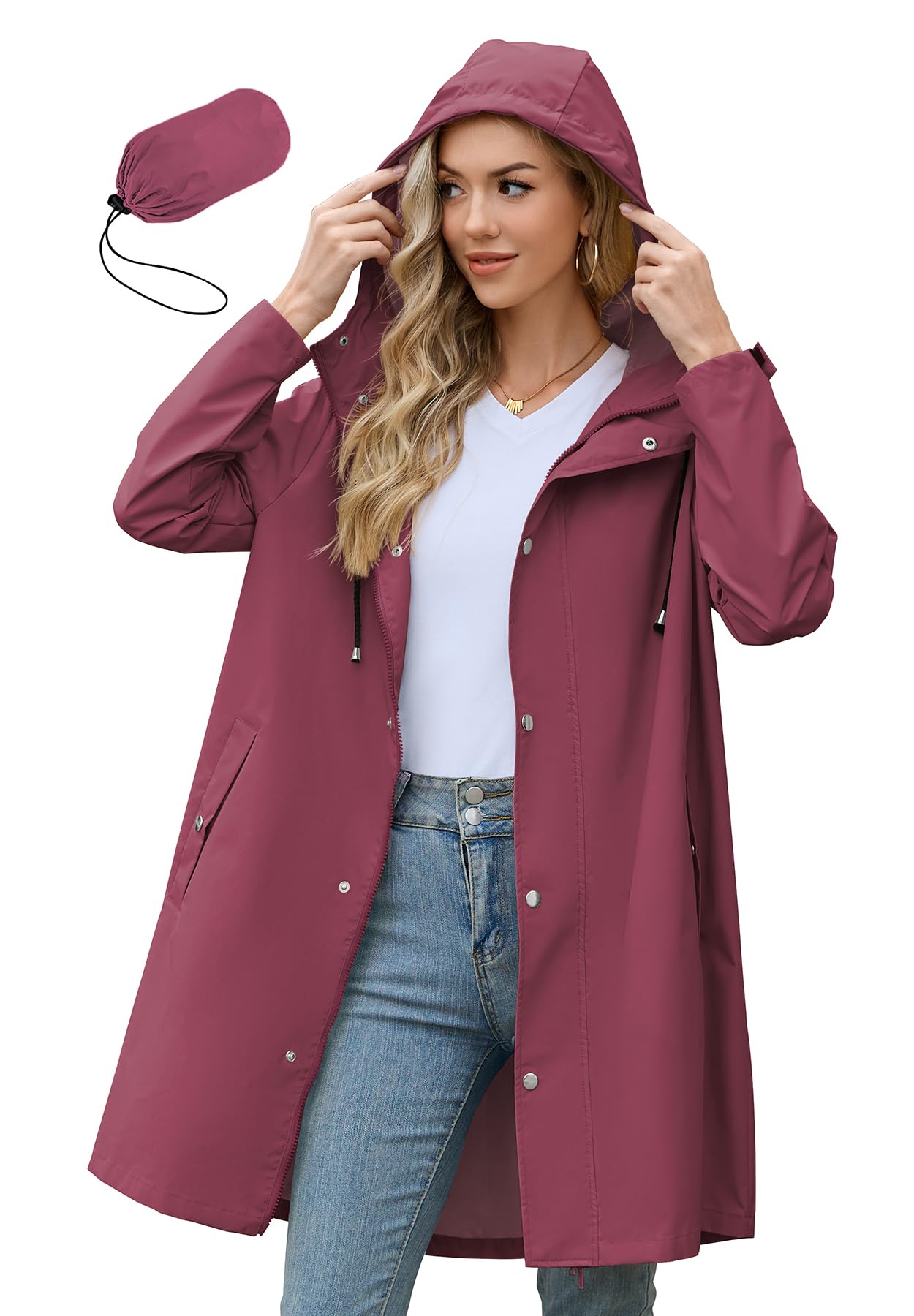 Zando Long Packable Rain Jacket Women Waterproof Raincoat with Hood | Relaxed-Fit Lightweight Windbreaker for Women; Travel Rain Coats for Commute, Hiking, Cruise, and Daily wear