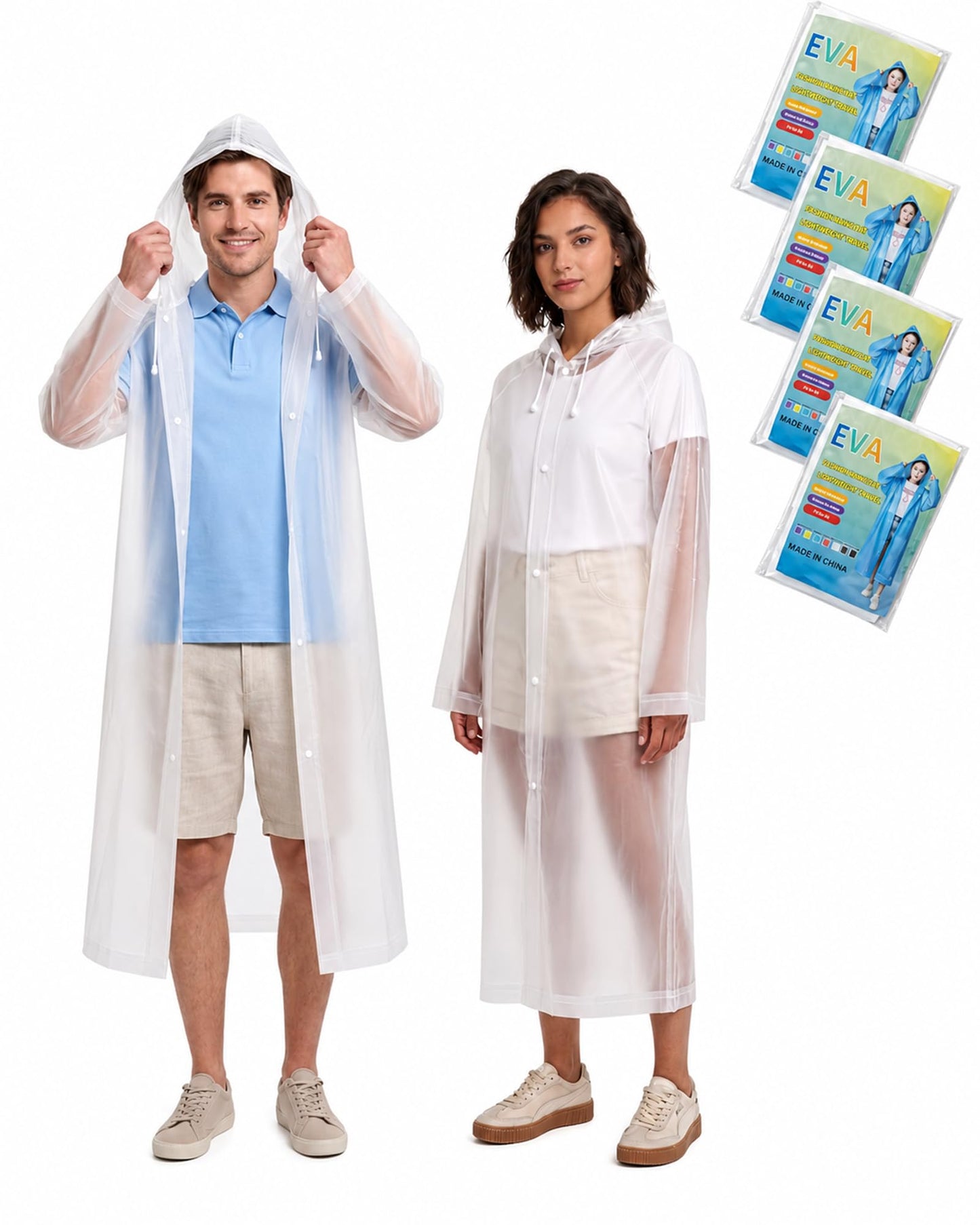 Rain Ponchos for Adults Reusable (2 Pack), Waterproof EVA Raincoats | Raincoats with Hood and Drawstring for Women & Men, Lightweight Emergency Raincoats for Theme Parks and Music Festivals
