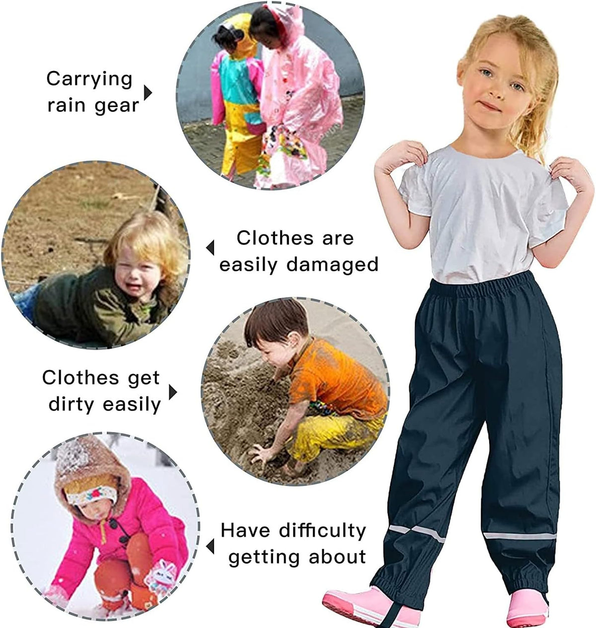 Unisex Kids Rain Pants,Toddler Waterproof and Windproof Rain Trousers Over Pants,Mud Dirty Proof for Girls Boys 98-134