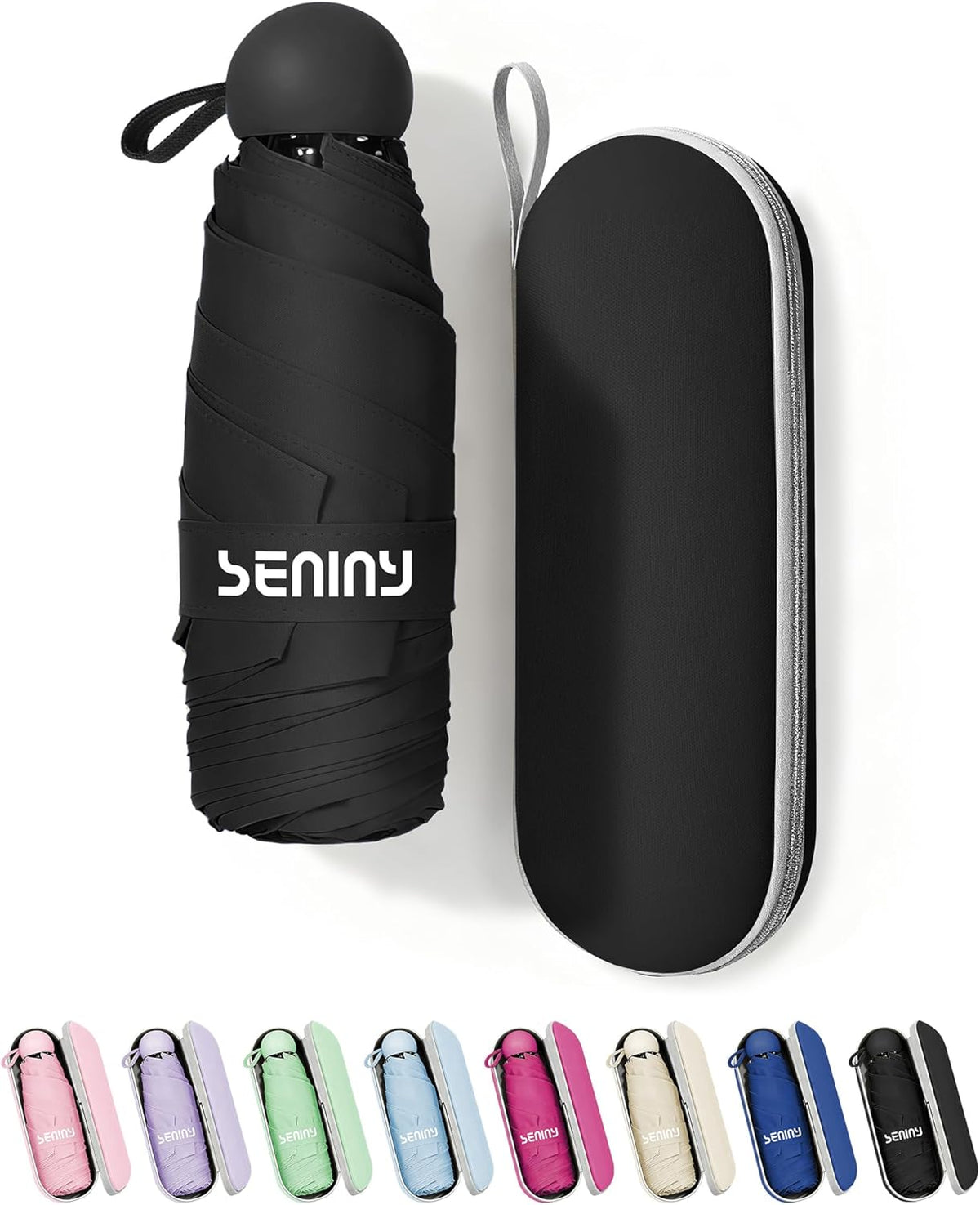 Seniny Mini Travel Umbrella with Case, Compact Pocket Size UV Sun & Rain | Tiny purse size fits pocket, UV protection waterproof fabric, lightweight folding, great for women kids daily travel