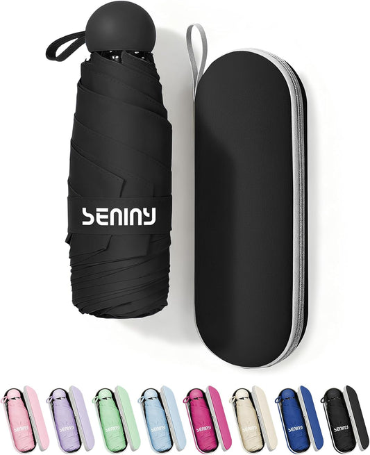 Seniny Mini Travel Umbrella with Case, Compact Pocket Size UV Sun & Rain | Tiny purse size fits pocket, UV protection waterproof fabric, lightweight folding, great for women kids daily travel
