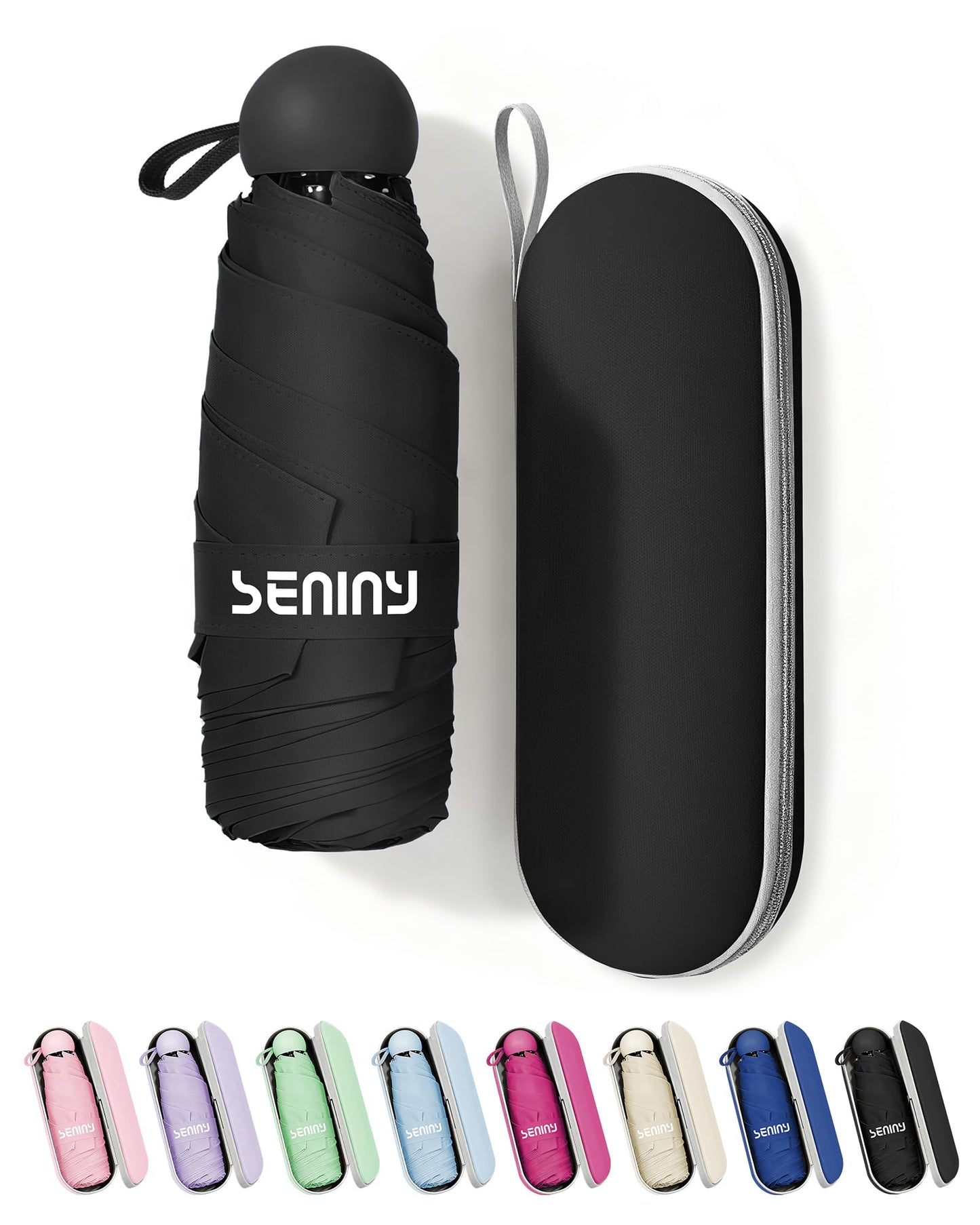 Seniny Mini Travel Umbrella with Case, Compact Pocket Size UV Sun & Rain | Tiny purse size fits pocket, UV protection waterproof fabric, lightweight folding, great for women kids daily travel