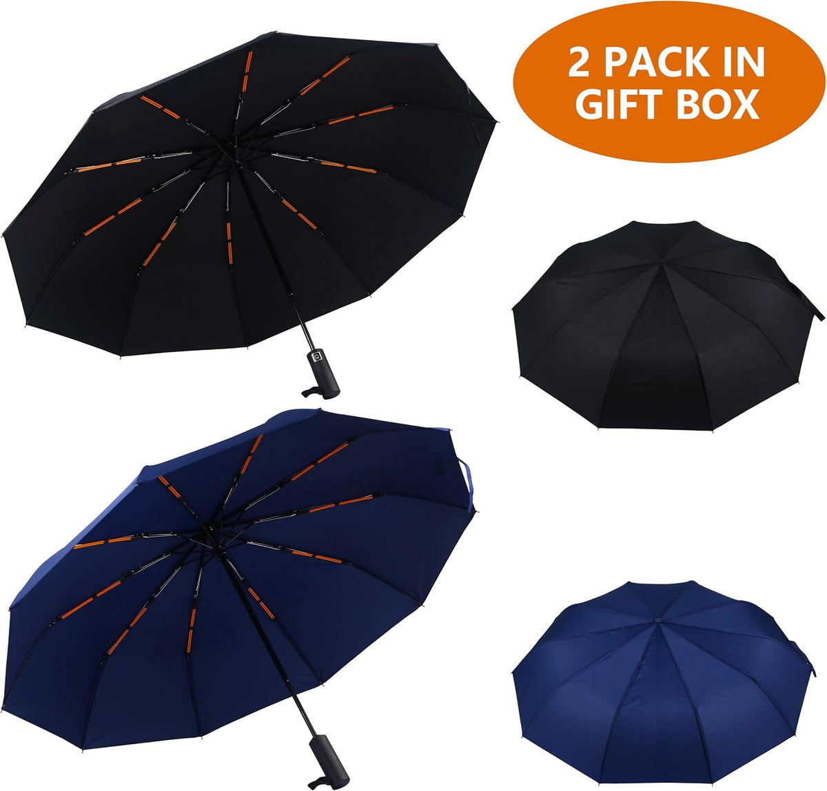 Bluinzi 2 Pack 46 Inch Compact Umbrellas for Rain, Travel, Double 10-rib | Better Value: 2 Pack 46 Inch Umbrellas, Travel Size, Simple and Durable, Small Portable Auto Windproof
