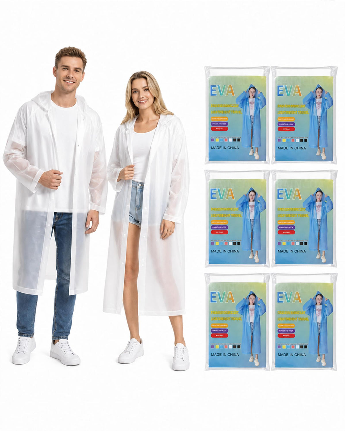 Rain Ponchos for Adults - 4 Pack Reusable EVA Waterproof Rain Jackets | 4-Pack Family Set, Drawstring Hood Snap Button Fastener Wide Cuff Packable for Theme Park Concert Sports Fishing Emergency