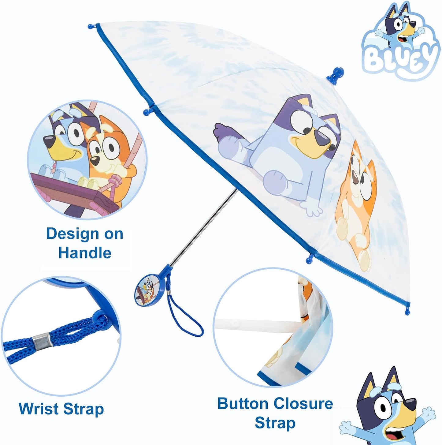 Bluey Umbrella for Toddlers and Kids, Waterproof and Bingo Canopy, Character Handle, Wrist Strap, 29 Inch