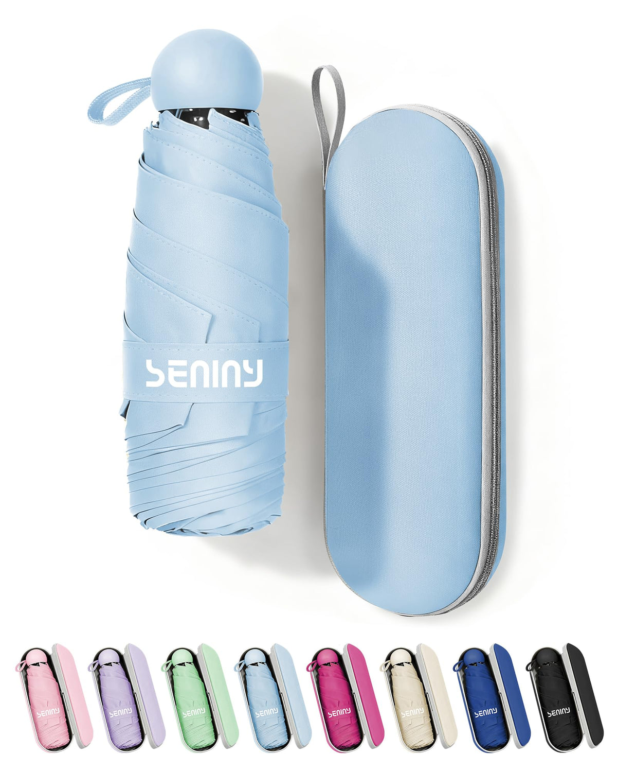 Seniny Mini Travel Umbrella with Case, Compact Pocket Size UV Sun & Rain | Tiny purse size fits pocket, UV protection waterproof fabric, lightweight folding, great for women kids daily travel