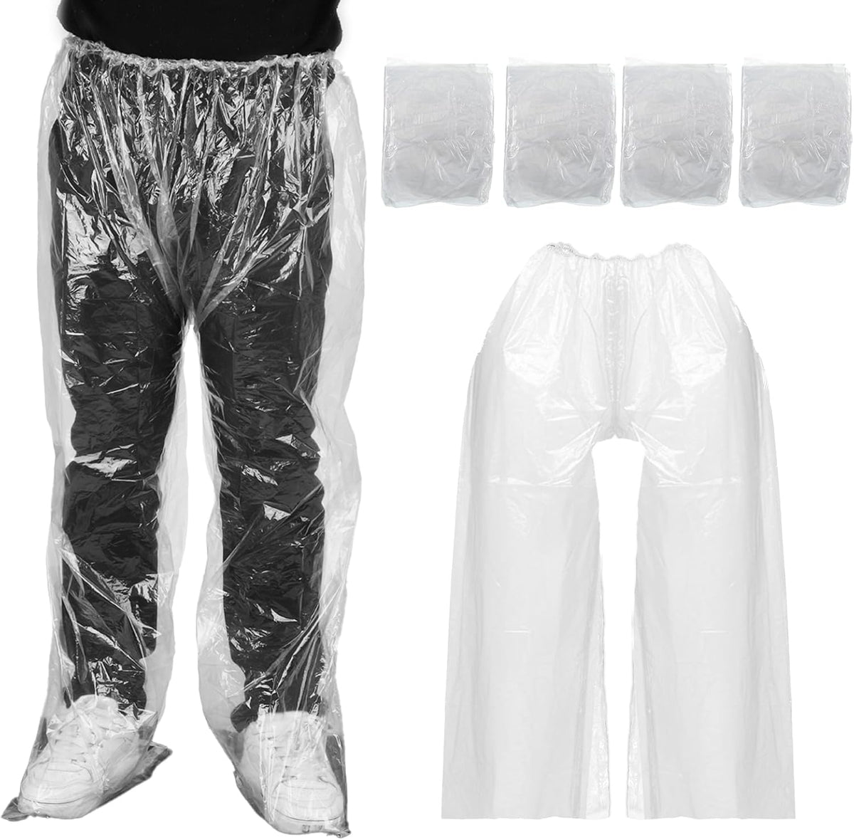 4 PCS Disposable Rain Pants, Unisex Adult Waterproof Long Tube Rain Pant with Shoe Cover, Thickened Plastic Foot Wrapped Rainpants Outdoor Activities Travel Cycling