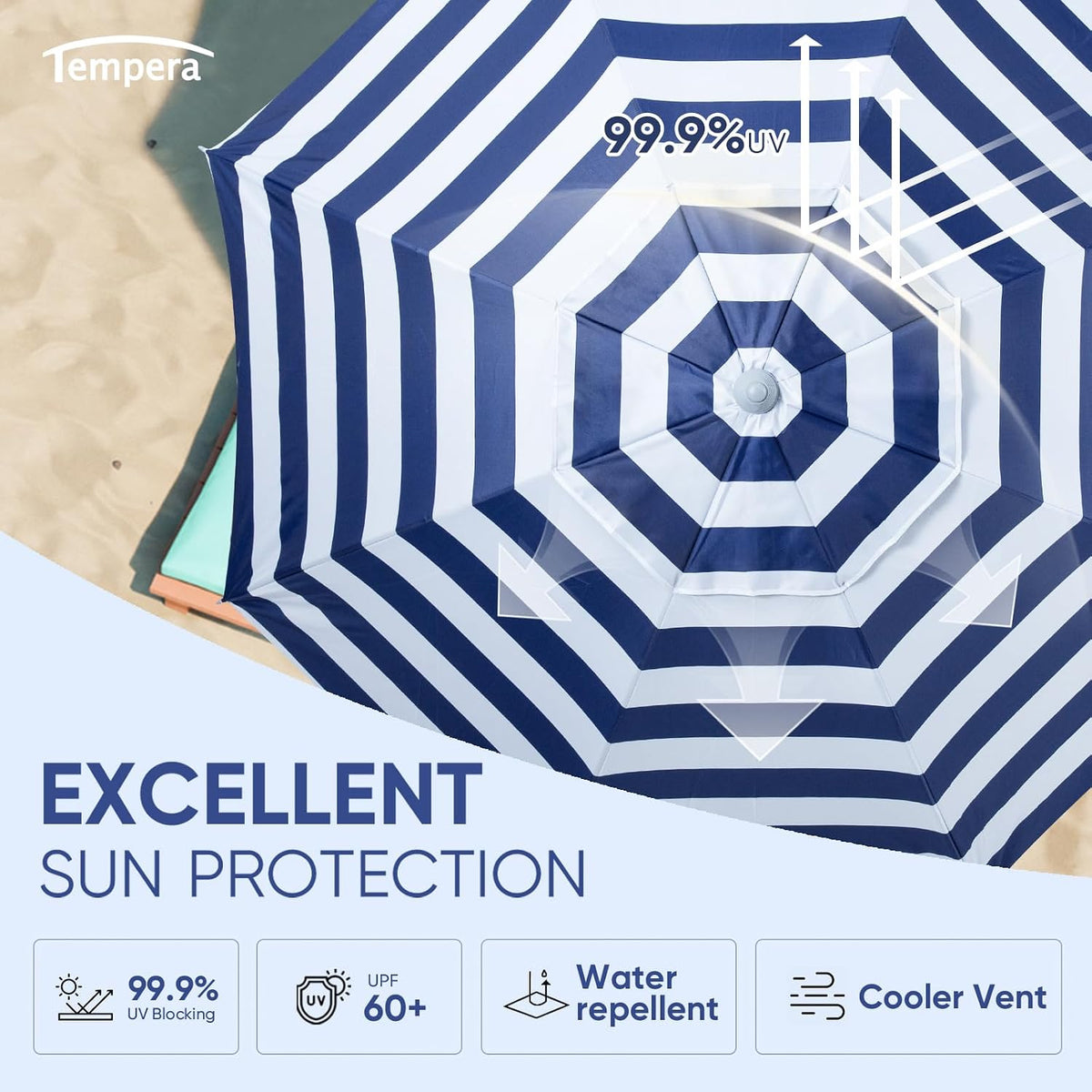 Tempera Heavy Duty High Wind Beach Umbrella with Sand Anchor & Carry Bag | Patio Outdoor Umbrella with Aluminum Frame and Push Button Tilt, Ideal for Garden Lawn, UPF 60+