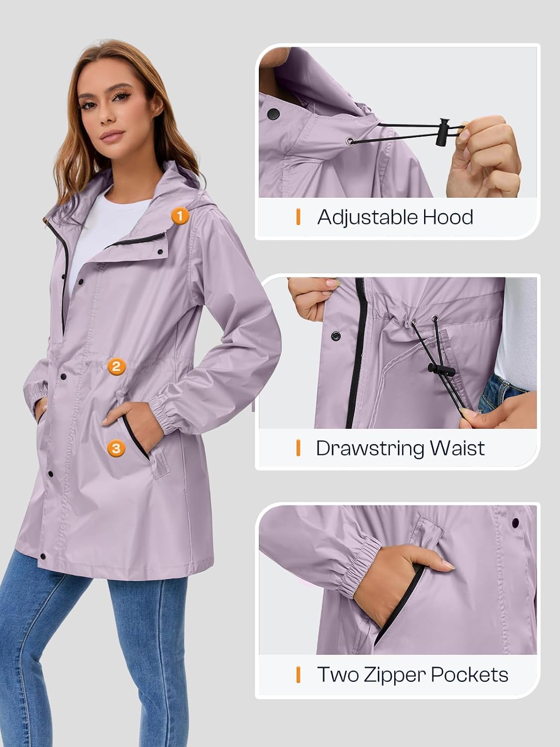 SaphiRose Women's Lightweight Long Rain Jacket Packable Raincoat Hooded Outdoor Trench Coats