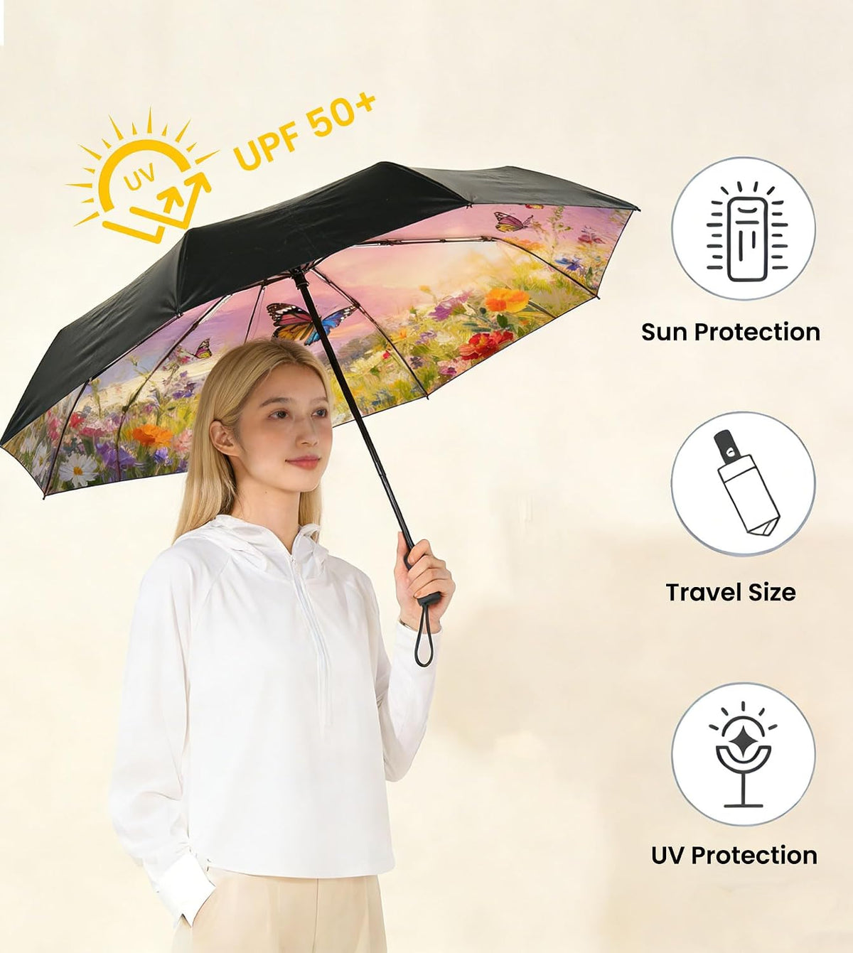 Compact Travel Umbrella - Windproof Auto Open/Close, Small Folding Umbrella for Rain & Sun with UPF50+ - Lightweight Frame, Waterproof - Fits Backpack, Purse, Suitcase.(Garden Butterfly)
