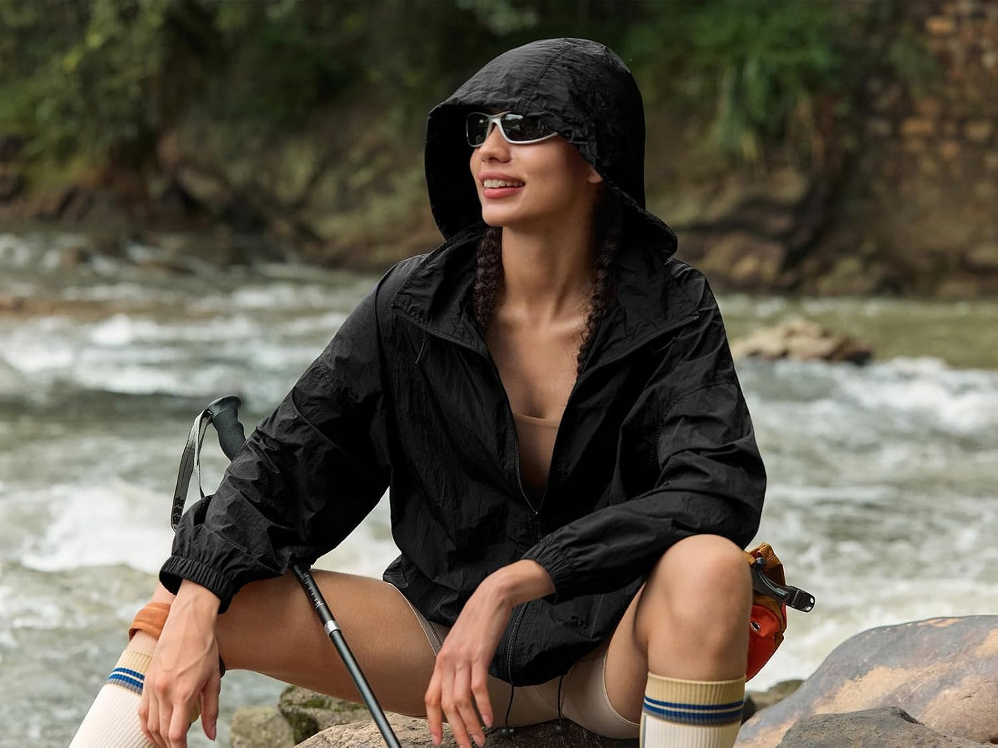 Womens Waterproof Rain Jackets Lightweight Zip Up Raincoat Outdoor Hiking Hooded Windbreaker with Pocket