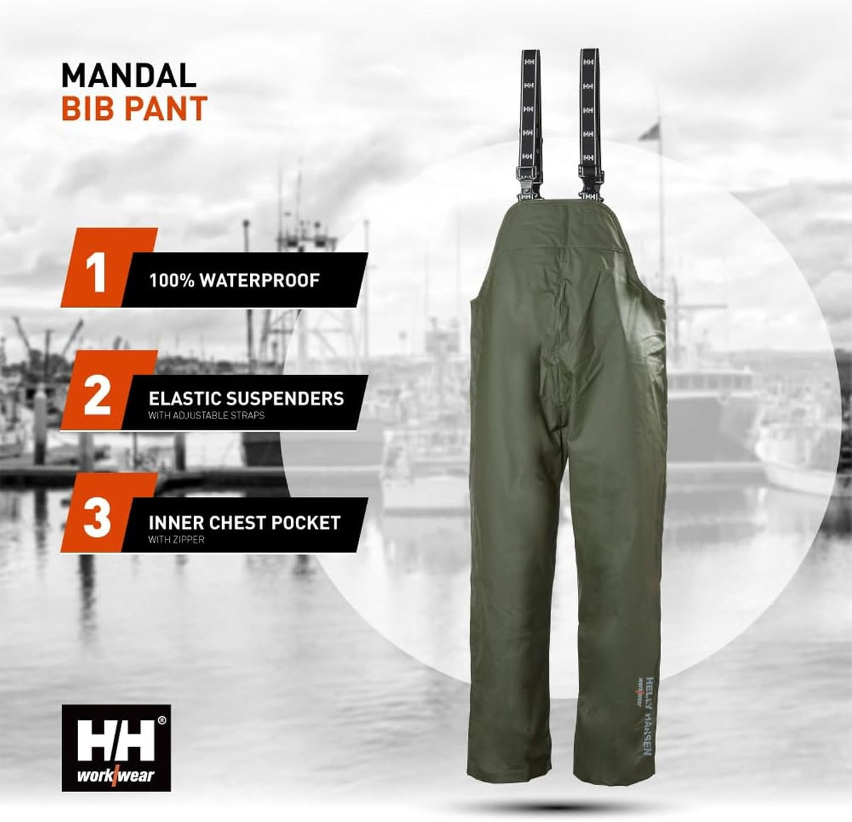 Helly Hansen Mandal Waterproof Bib Overalls for Men, Fishing Pants | Zippered Chest Pocket, Straight-Cut Legs, Elastic Suspenders, Work Bibs for Men, Heavy Duty Rain Gear, Bib Overalls Men