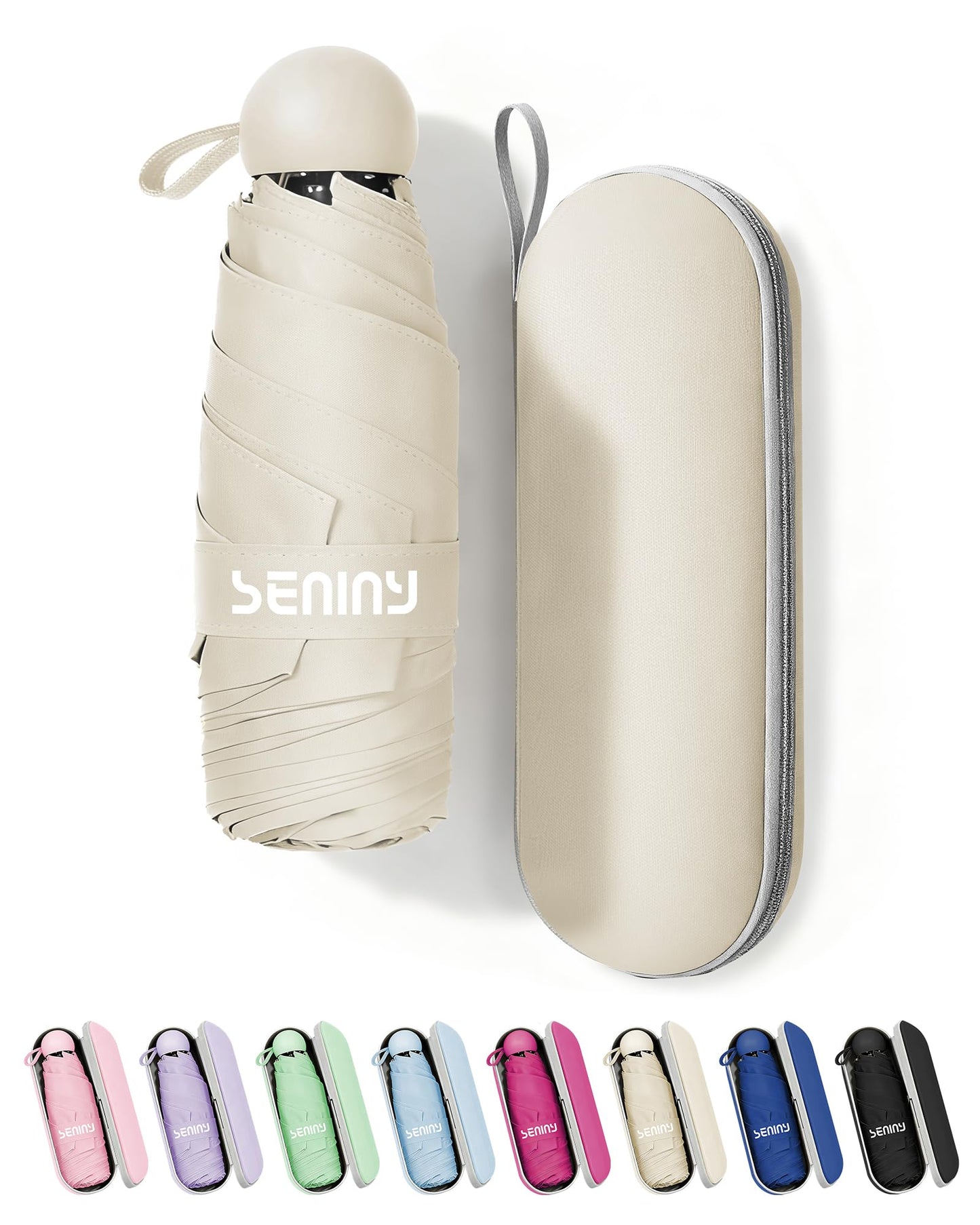 Seniny Mini Travel Umbrella with Case, Compact Pocket Size UV Sun & Rain | Tiny purse size fits pocket, UV protection waterproof fabric, lightweight folding, great for women kids daily travel