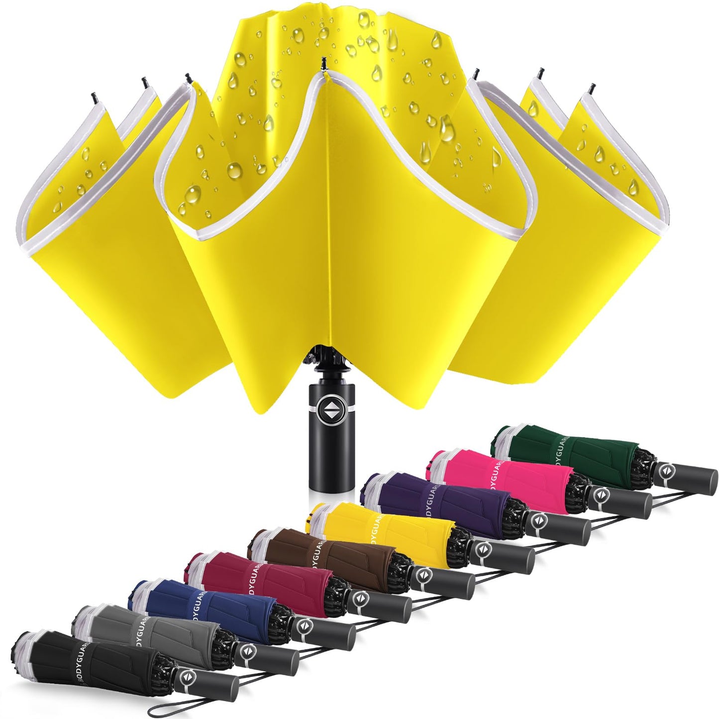 Bodyguard Inverted Umbrella - Large Windproof for Rain & Sun, Compact Reverse With Reflective Stripe, Teflon-Coated for Women Men, Travel Folding With Cover Bag