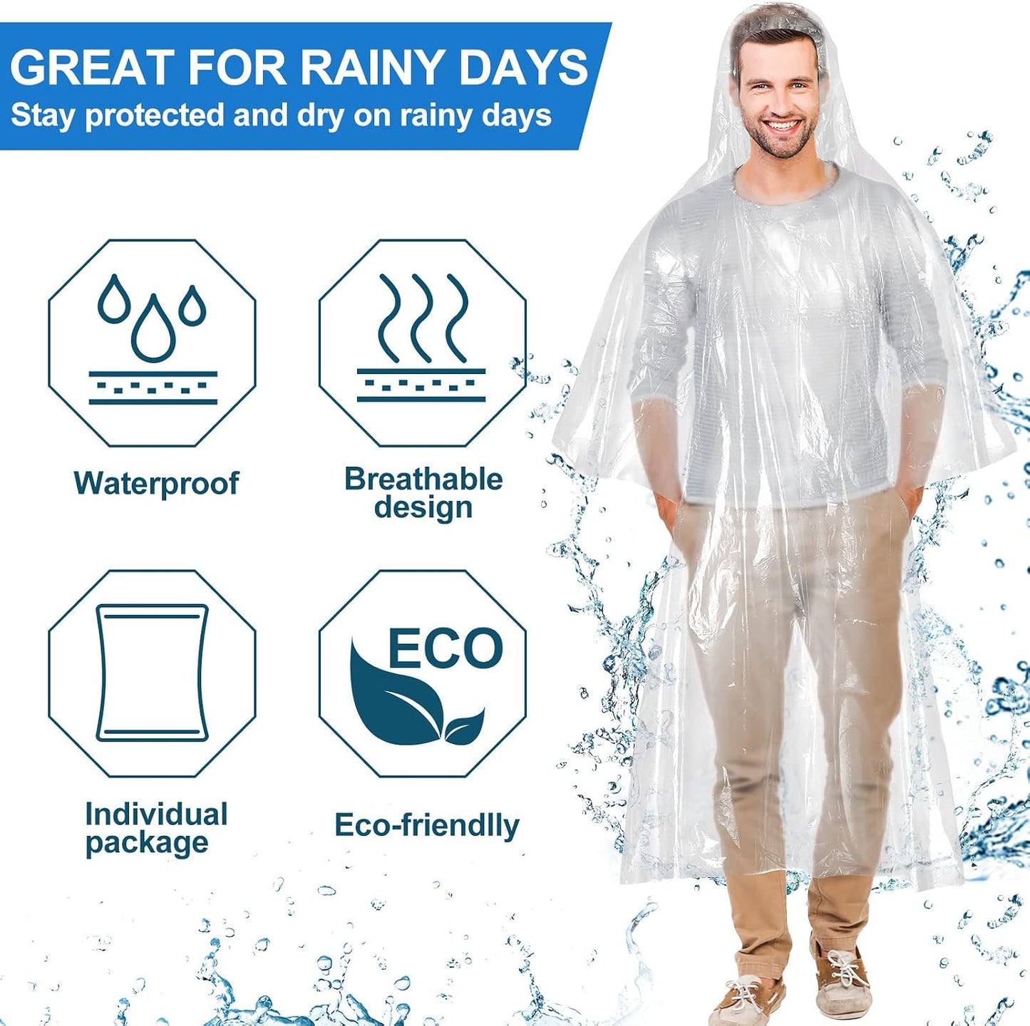 Handepo 100 Pack Rain Ponchos Bulk Disposable with Hood Adults
